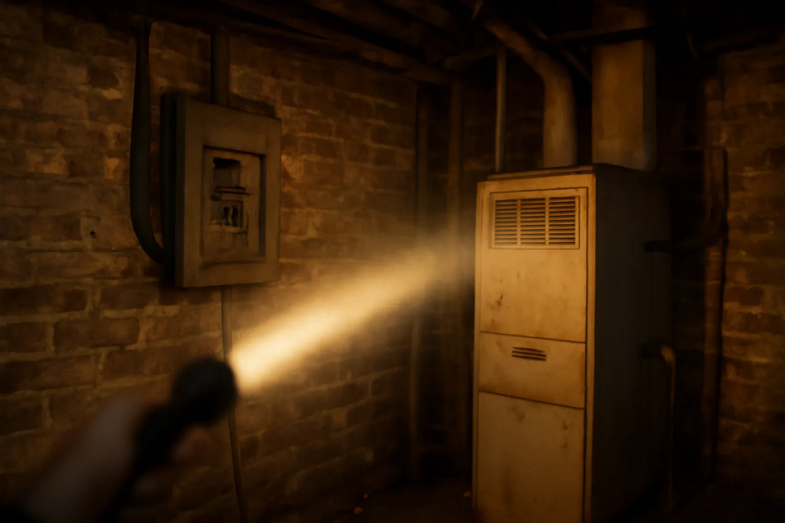 Inspector's flashlight illuminating an electrical panel during an Ann Arbor rental inspection