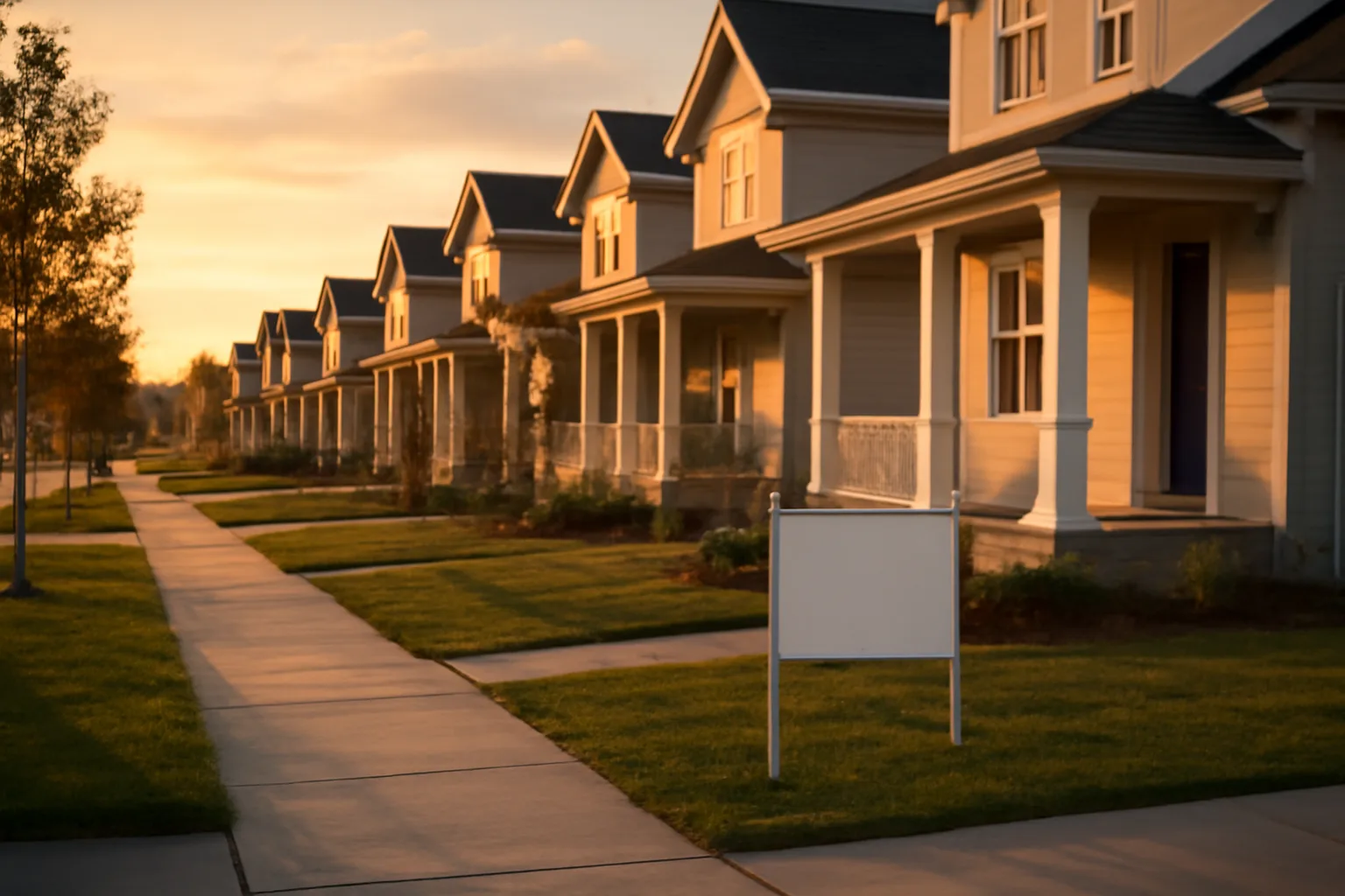 Row of new suburban rental homes on a quiet street at dusk