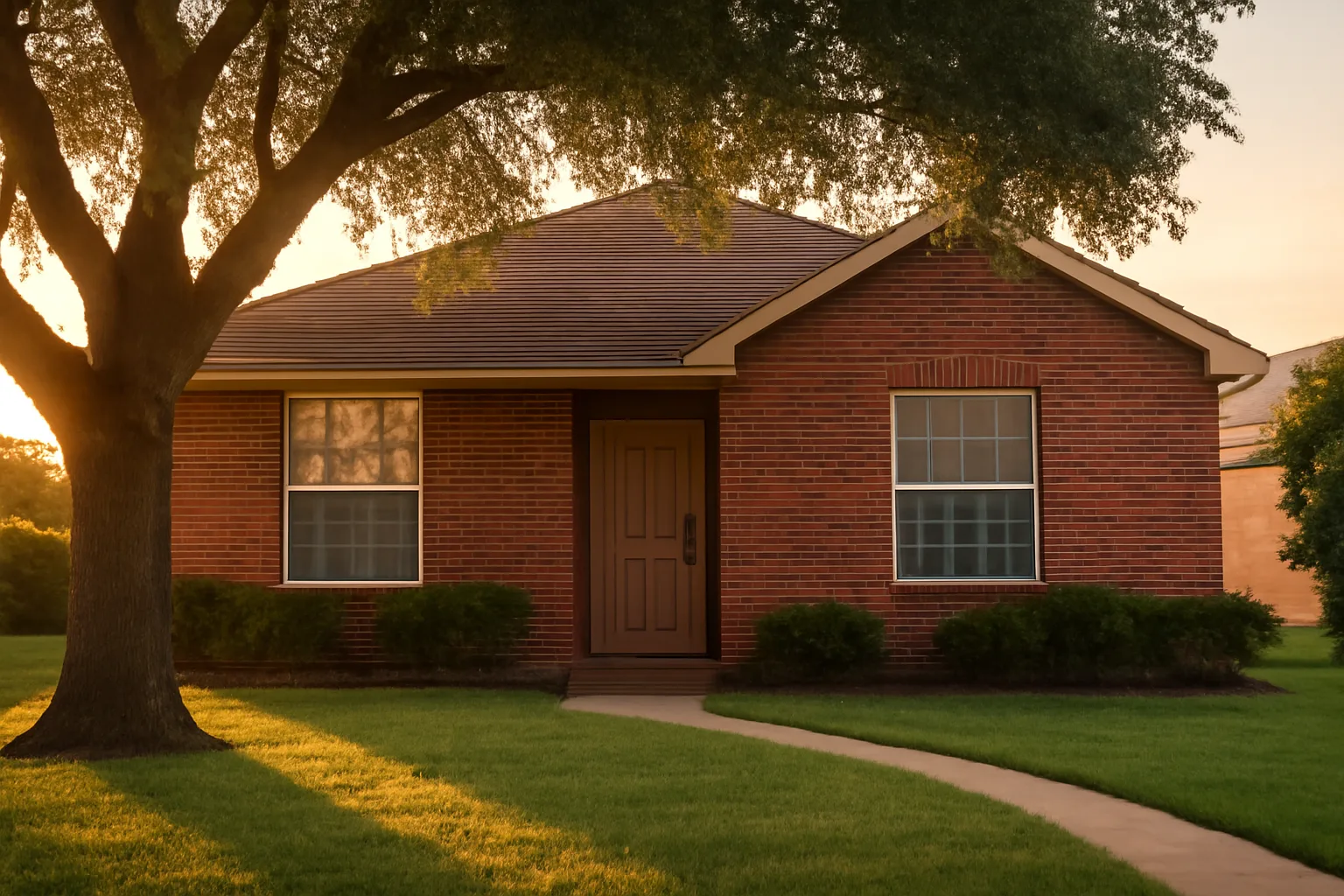 Suburban brick rental house in Anna Texas at sunset with a mowed front lawn