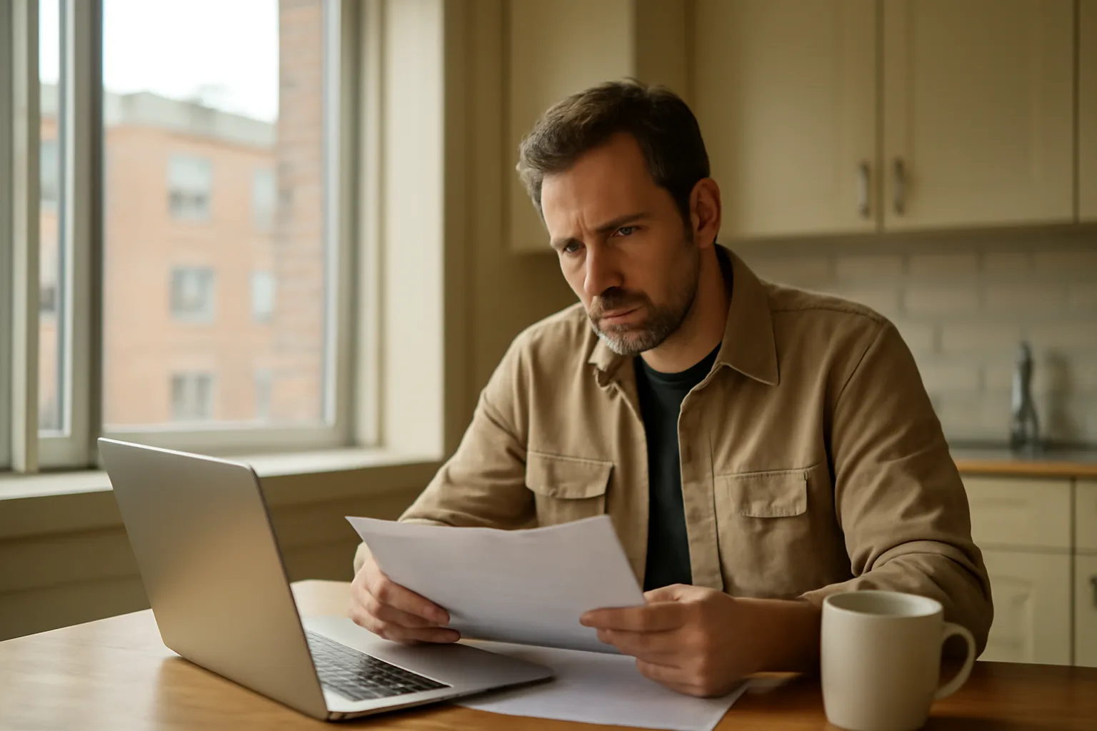Landlord reviewing rental property paperwork and laptop at kitchen table in morning light