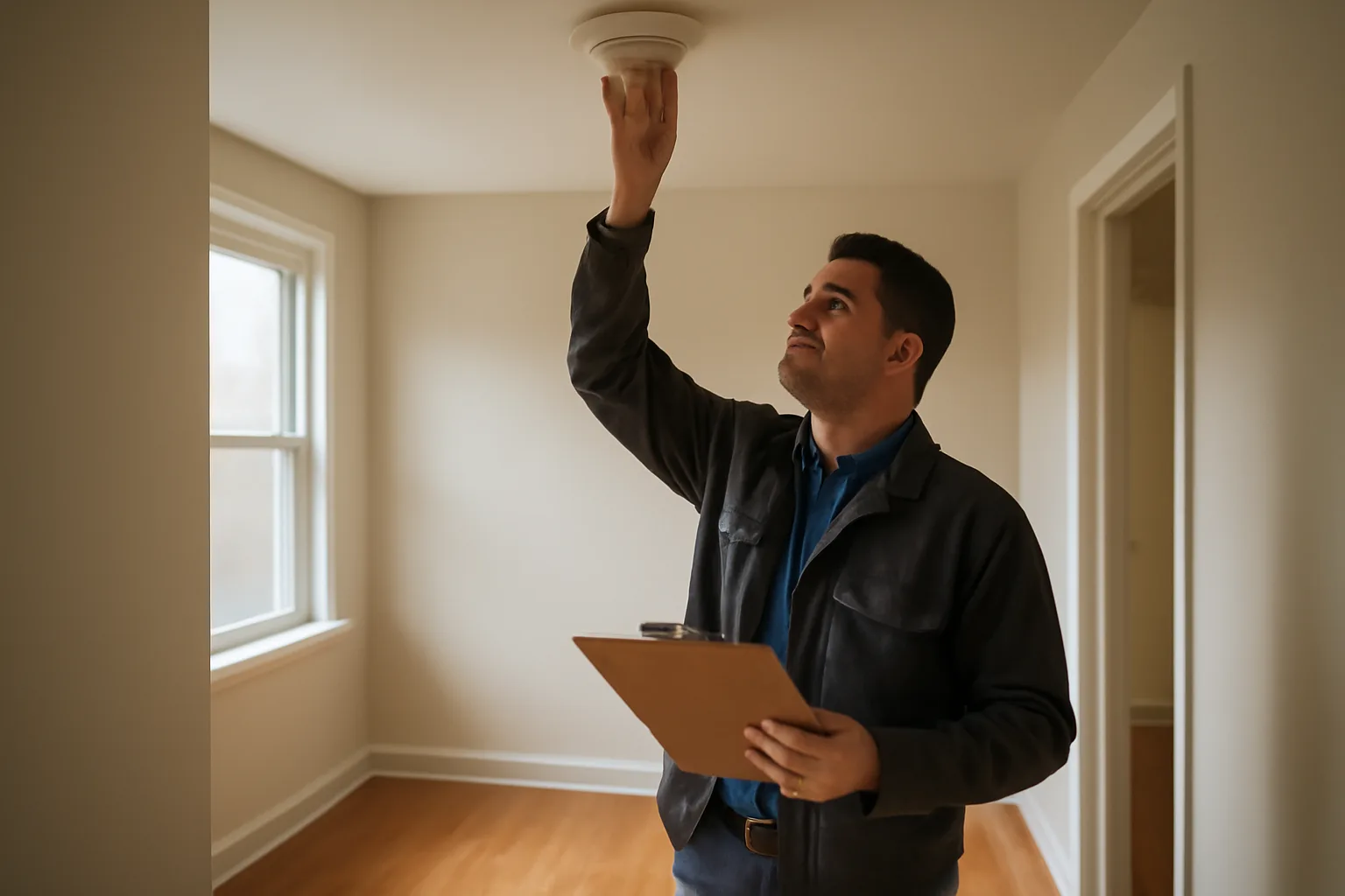 Landlord checking a smoke detector during a rental unit walkthrough with a clipboard