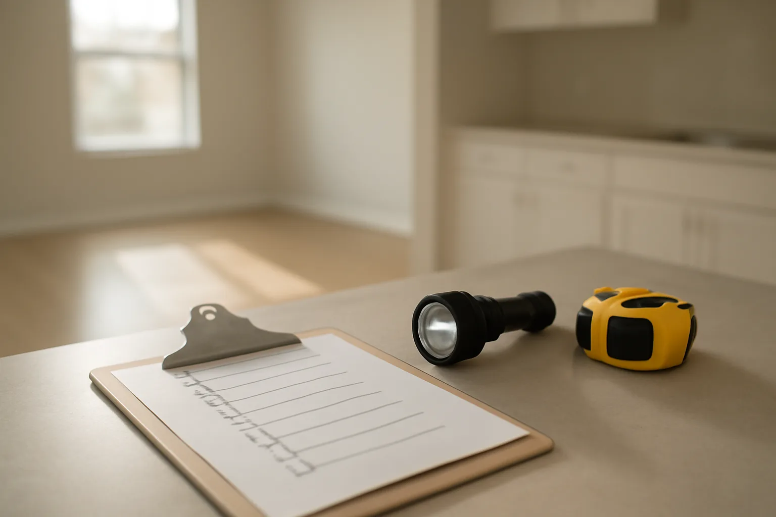 Clipboard and tools on a counter during an apartment inspection walk-through