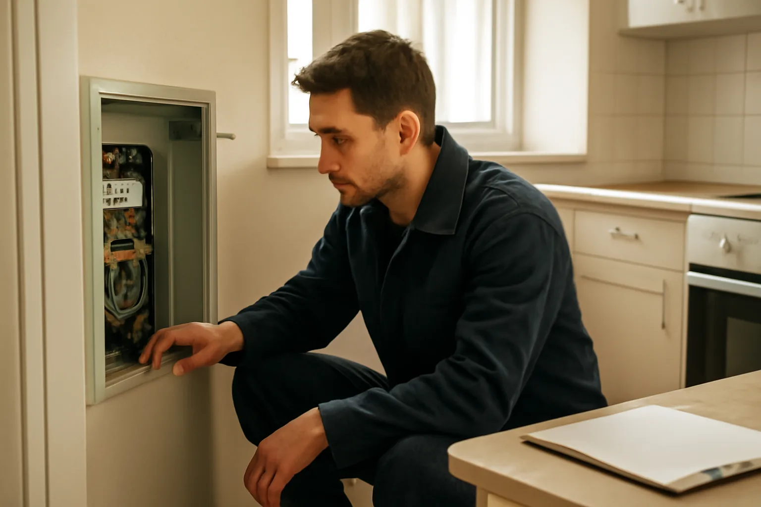 Inspector checking an electrical panel during an apartment inspection in daylight