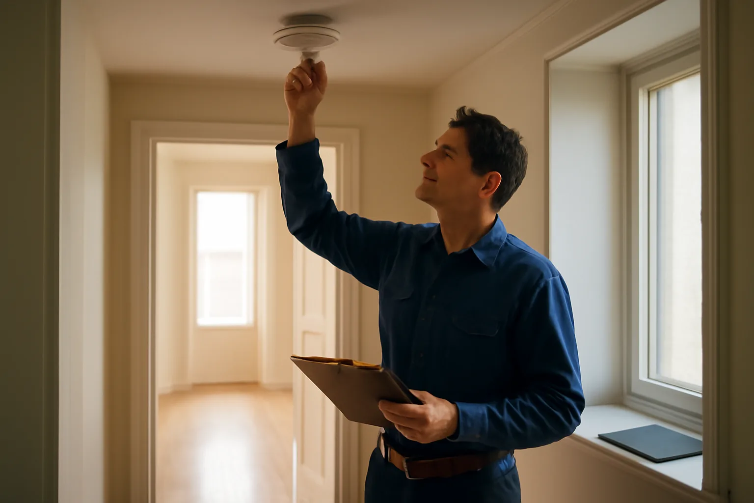 Landlord checking a smoke detector during a rental unit inspection in a hallway