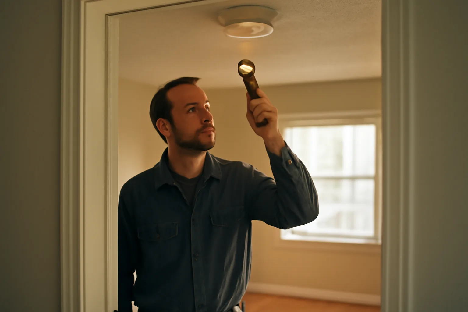 Landlord checking a smoke detector during an apartment inspection near a sunlit window