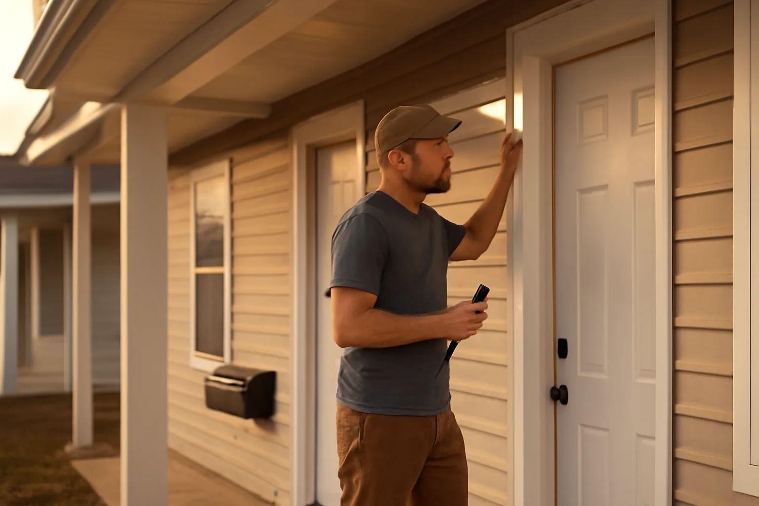 Landlord inspecting a duplex entryway and smoke detector at golden hour