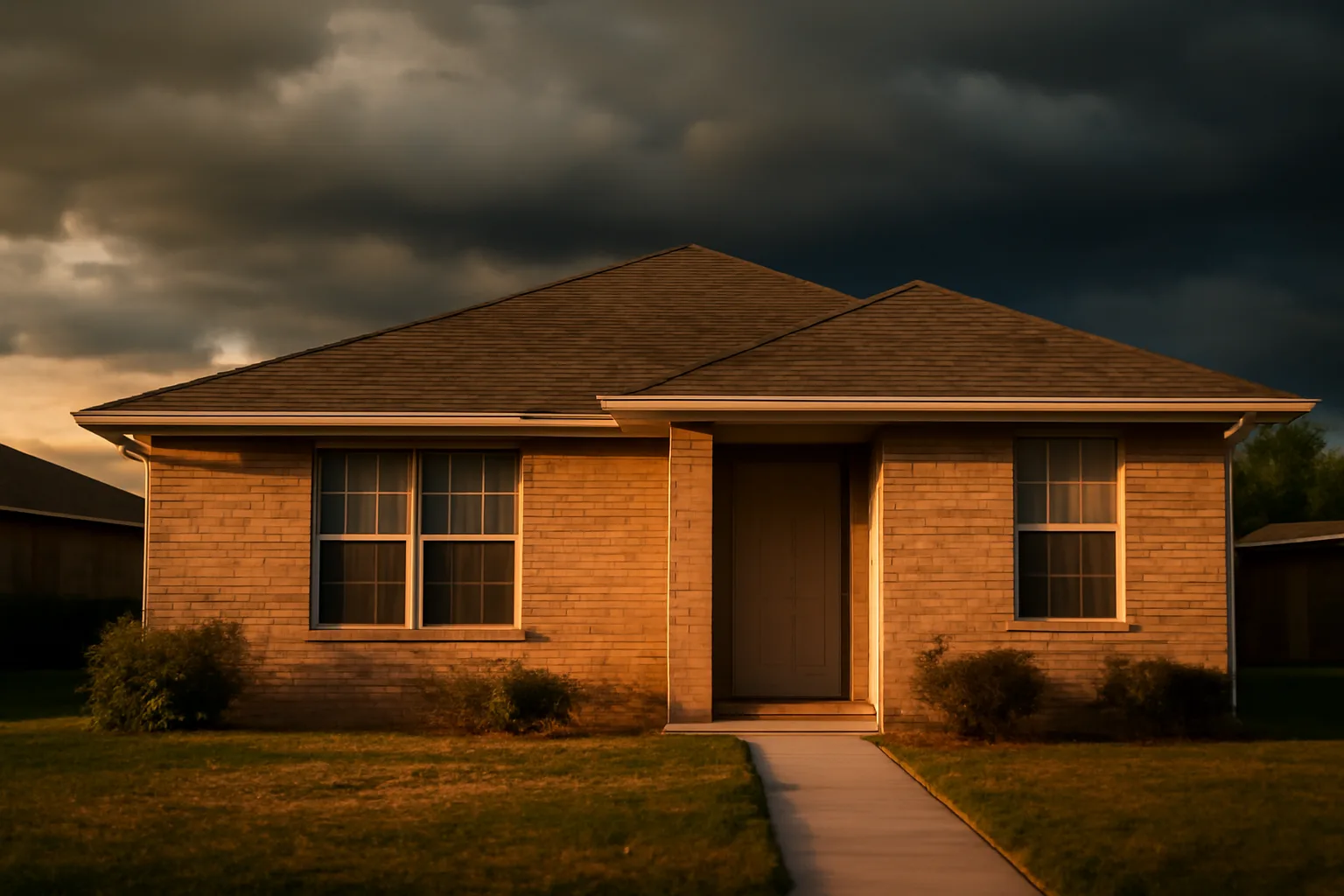 Texas rental house exterior with storm clouds gathering overhead at dusk