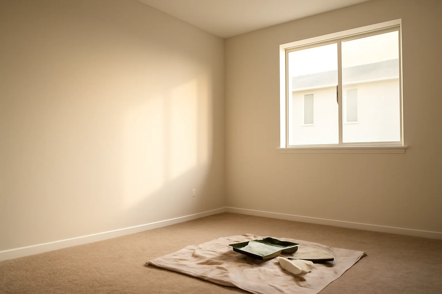 Empty freshly painted rental apartment bedroom with roller and drop cloth