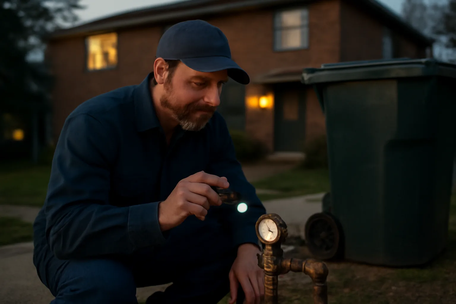 Landlord inspecting a water meter next to a garbage bin outside a rental duplex