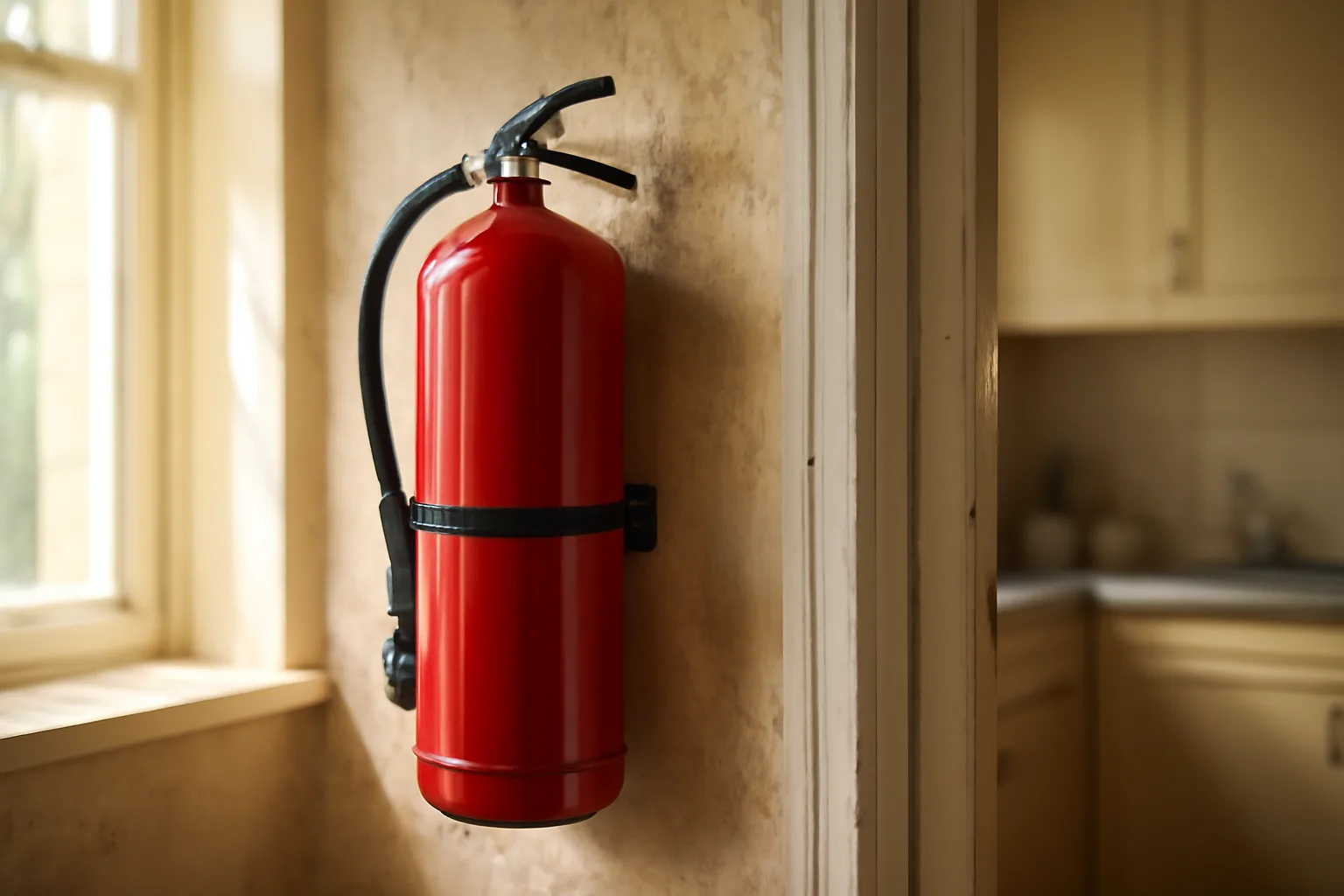 Wall-mounted fire extinguisher near an apartment kitchen doorway in afternoon light