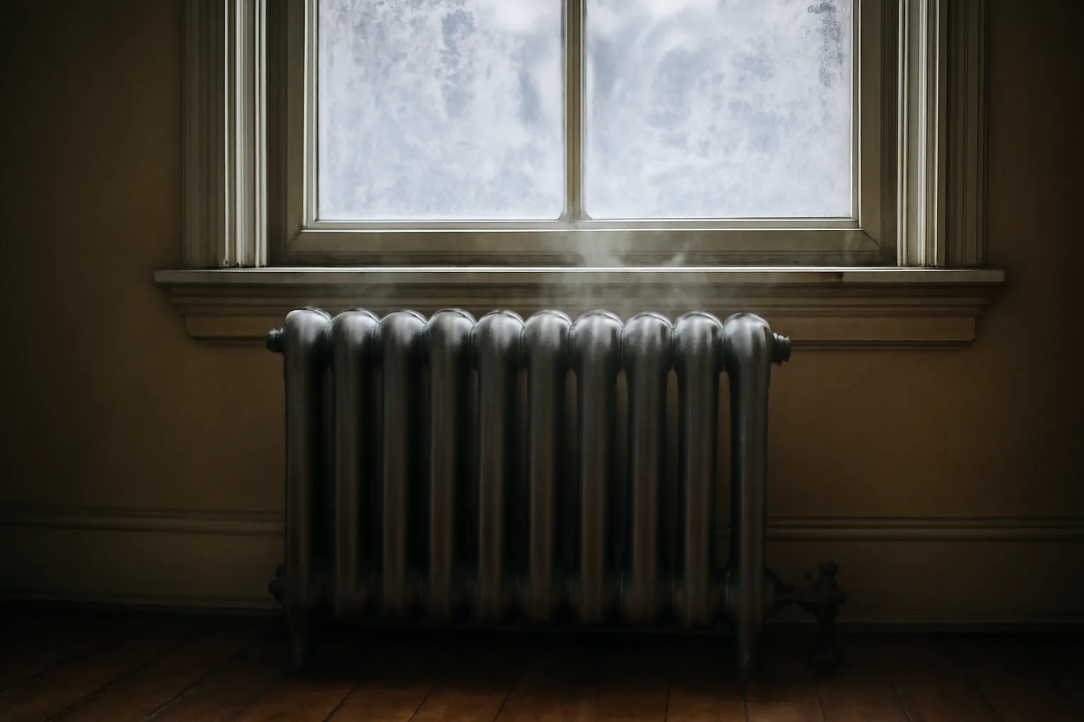 Cast iron radiator by a frosted window showing landlord heat requirements in winter