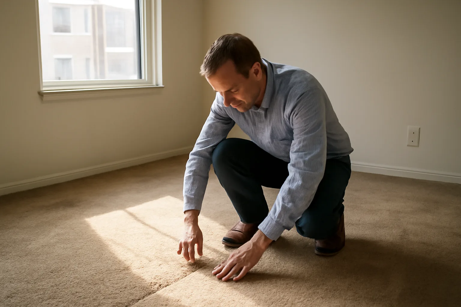 Landlord inspecting worn carpet seam in empty sunlit rental apartment room