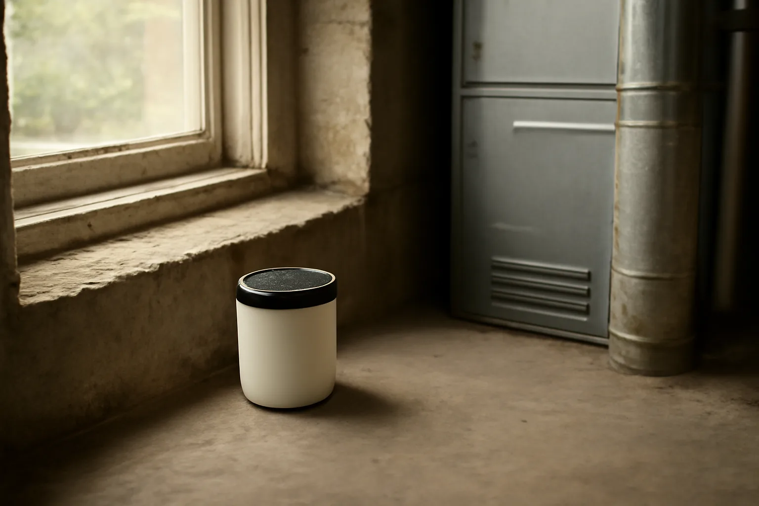 Radon test canister on a basement windowsill near a furnace