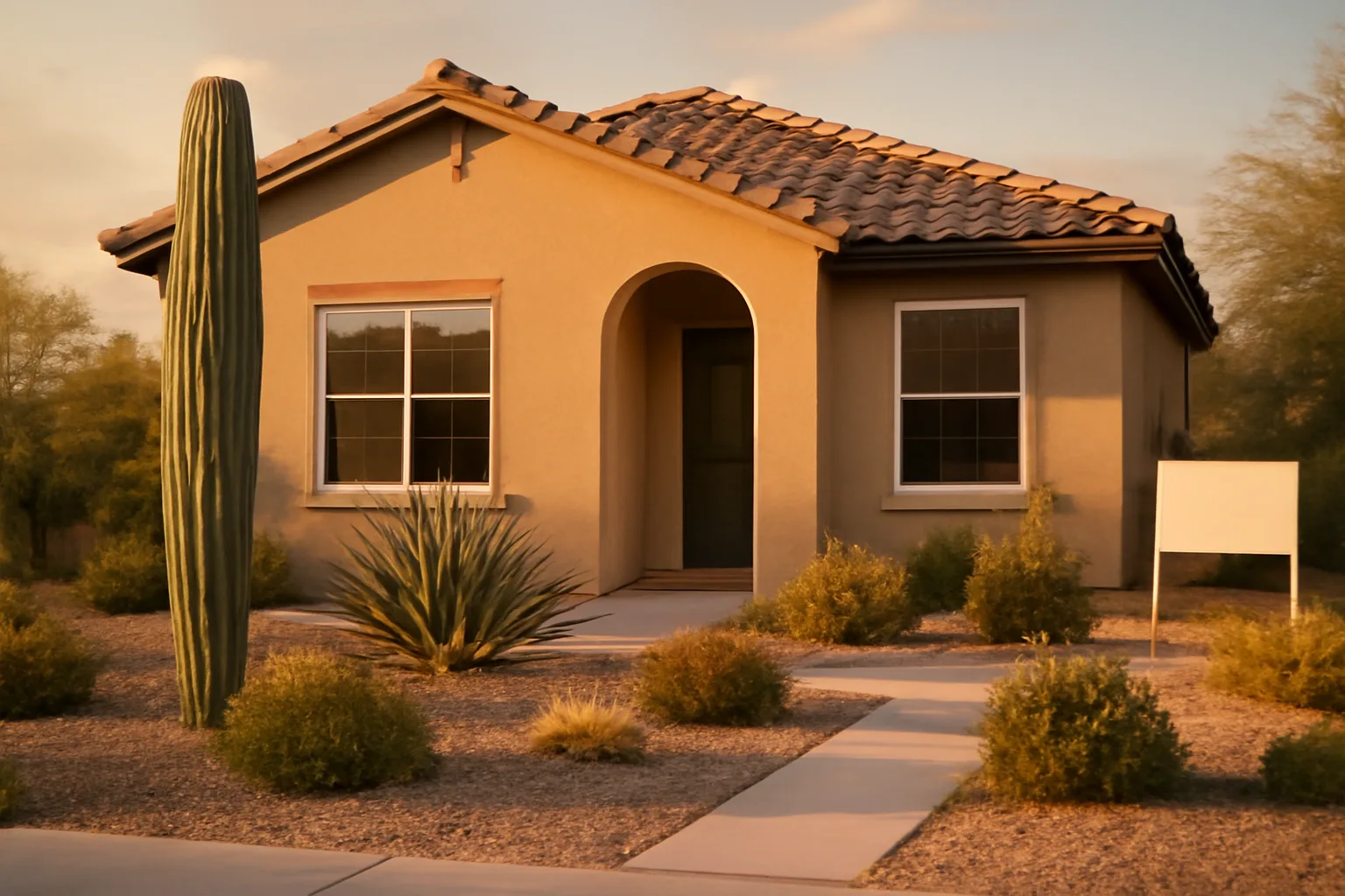Arizona stucco rental home with desert landscaping at sunset