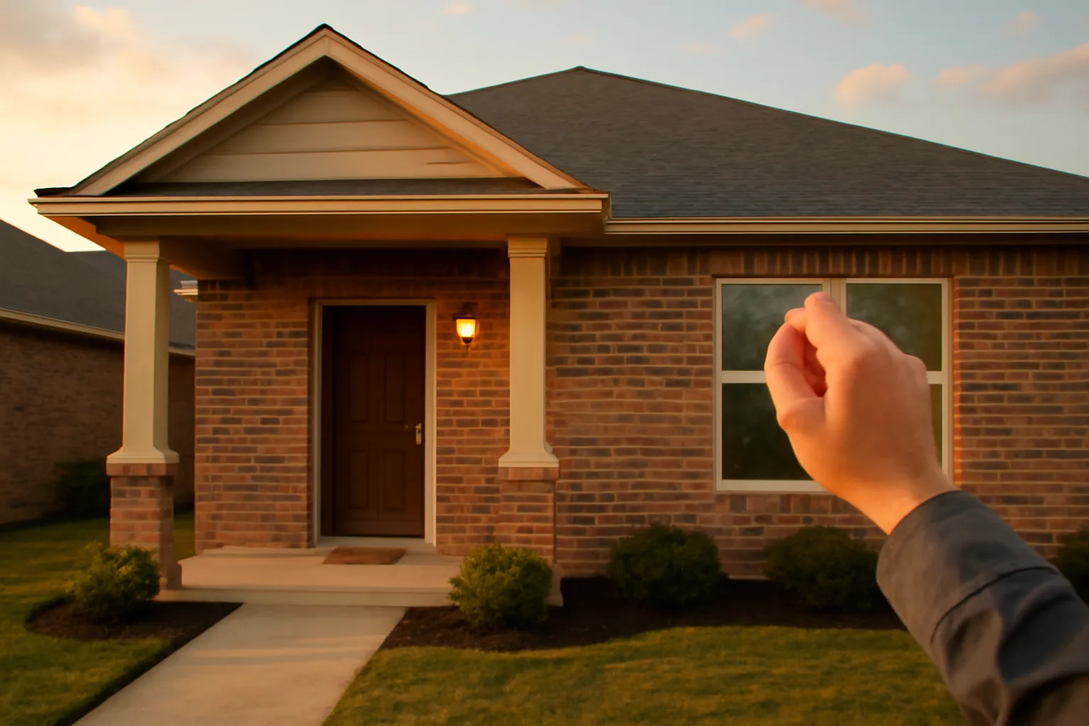 Landlord standing at a rental home's front door in late afternoon light before entering