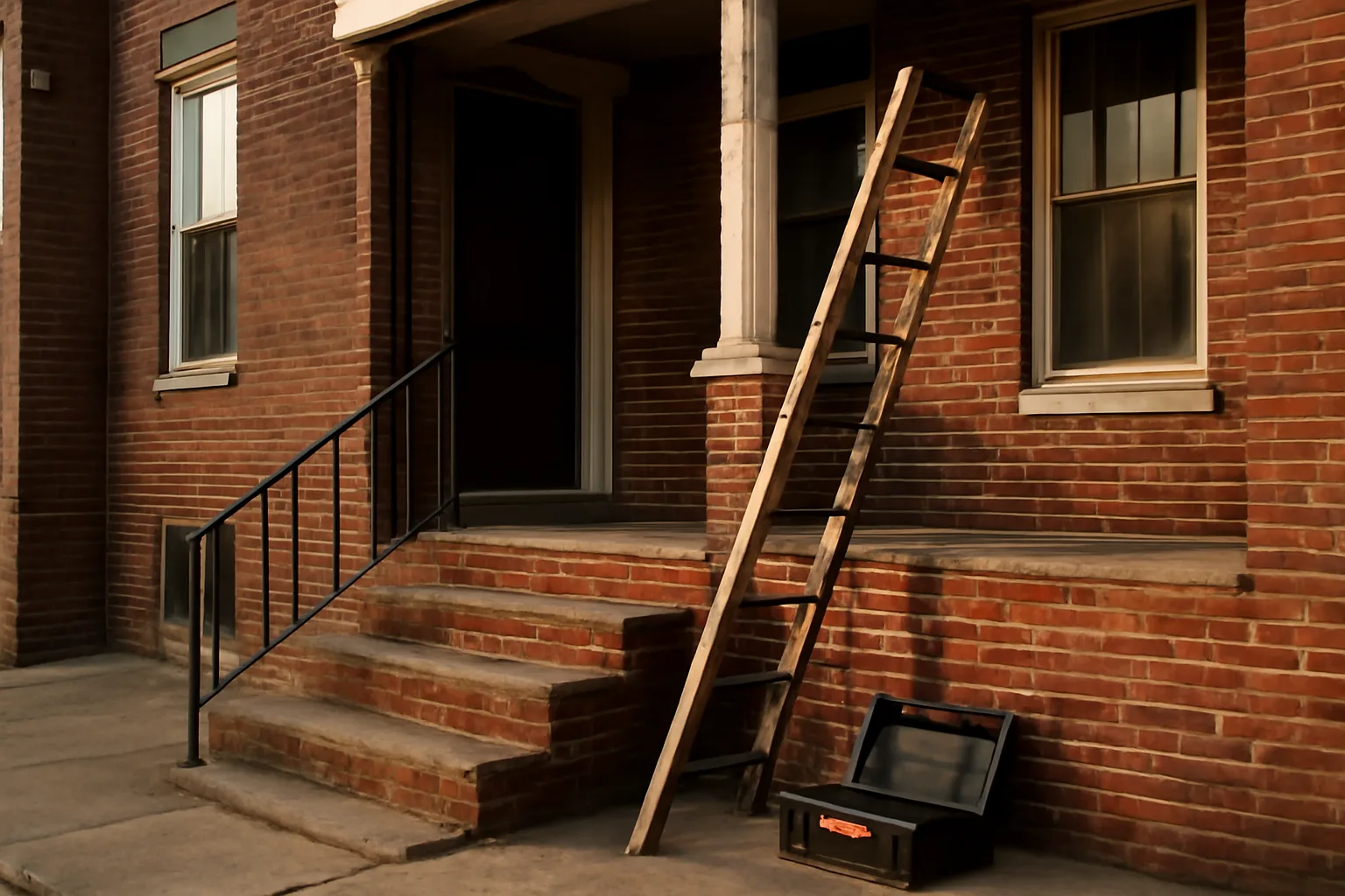 Rowhouse exterior with ladder and toolbox during a Baltimore city house inspection prep