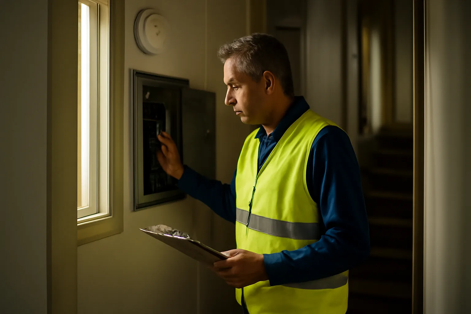 Housing inspector checking electrical panel during a Baltimore rental unit inspection