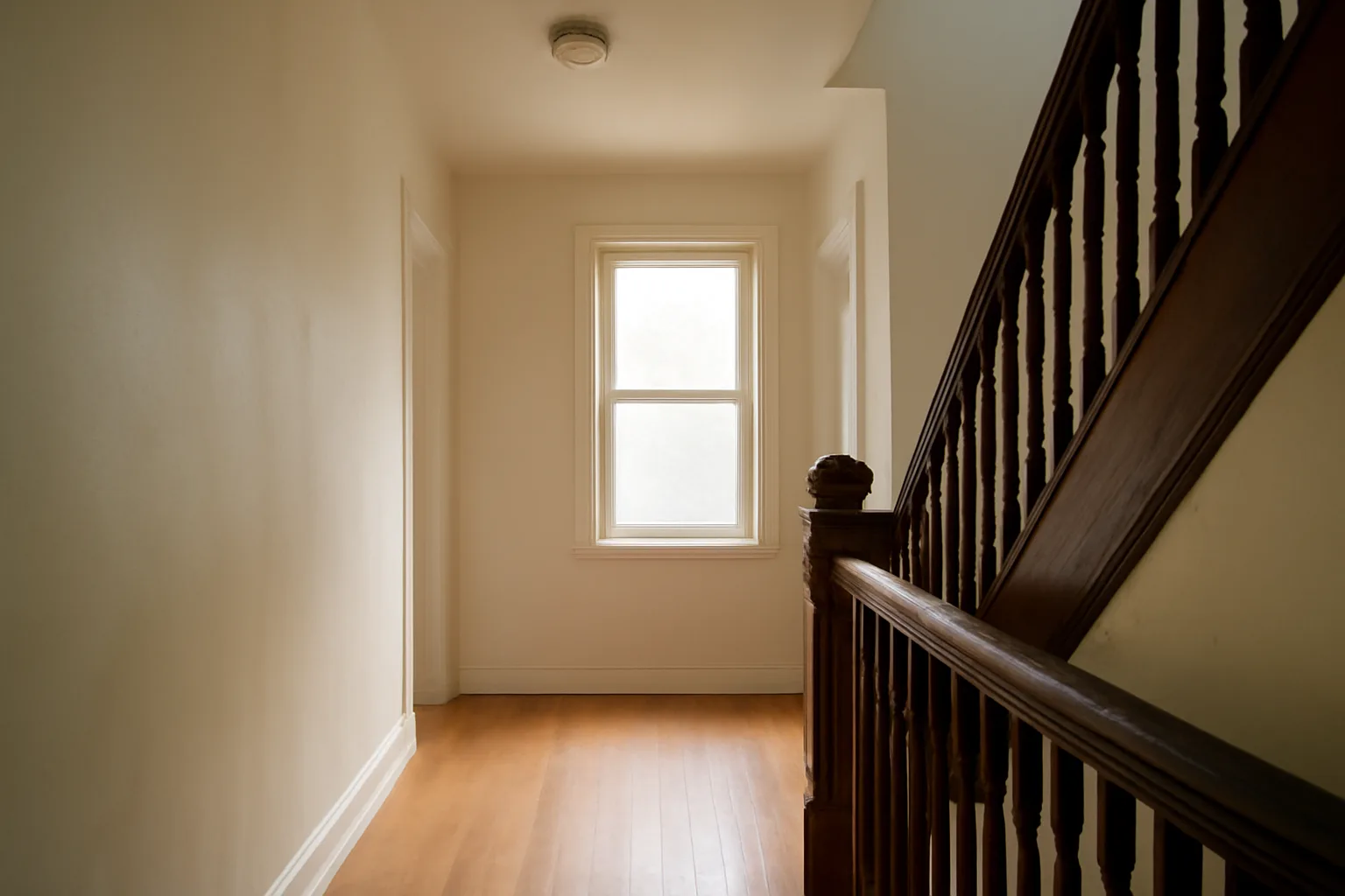 Baltimore rowhouse interior hallway showing stairs and ceiling smoke alarm before inspection