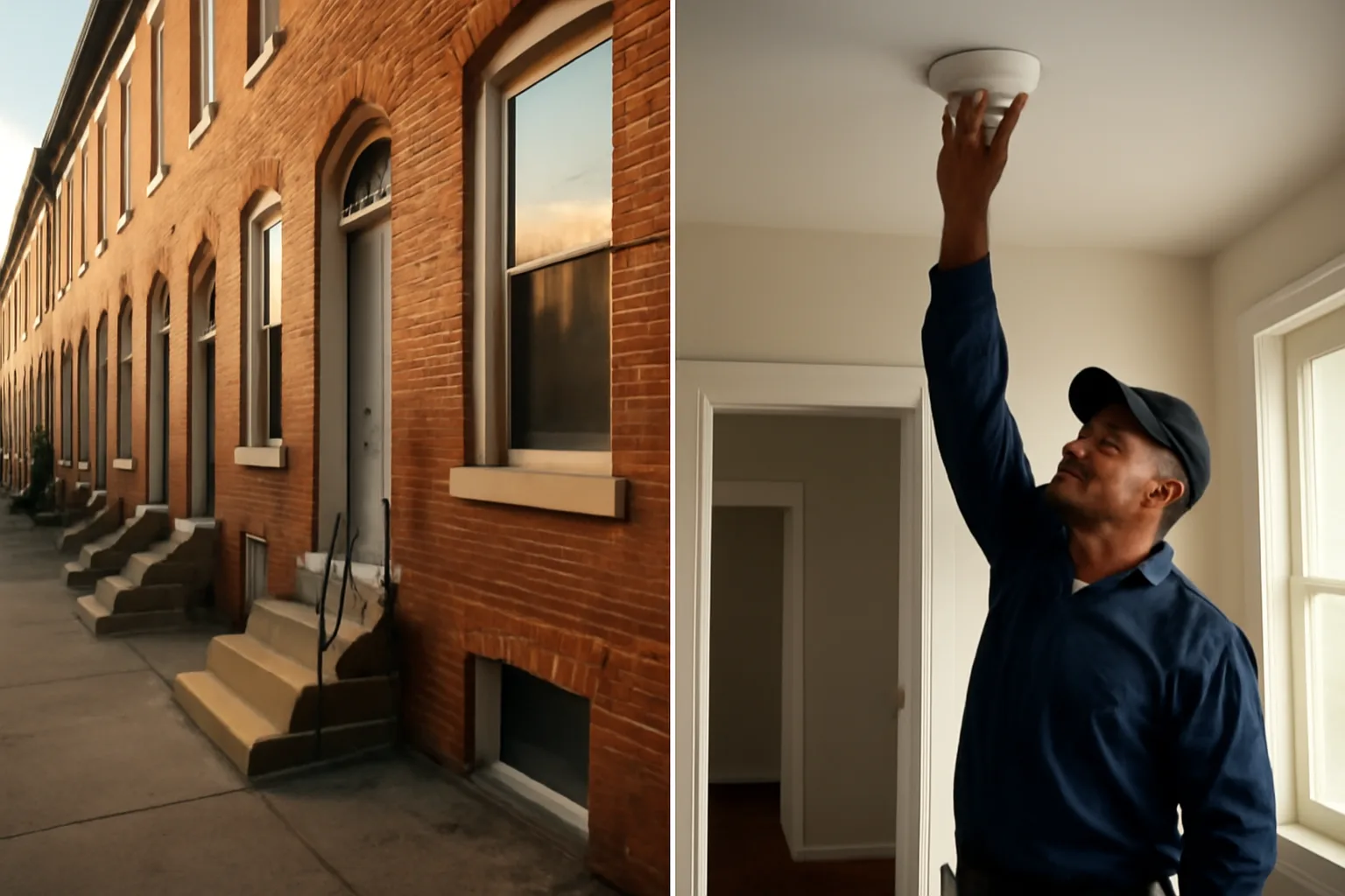 Inspector checking a smoke detector during a Baltimore rental license renewal inspection