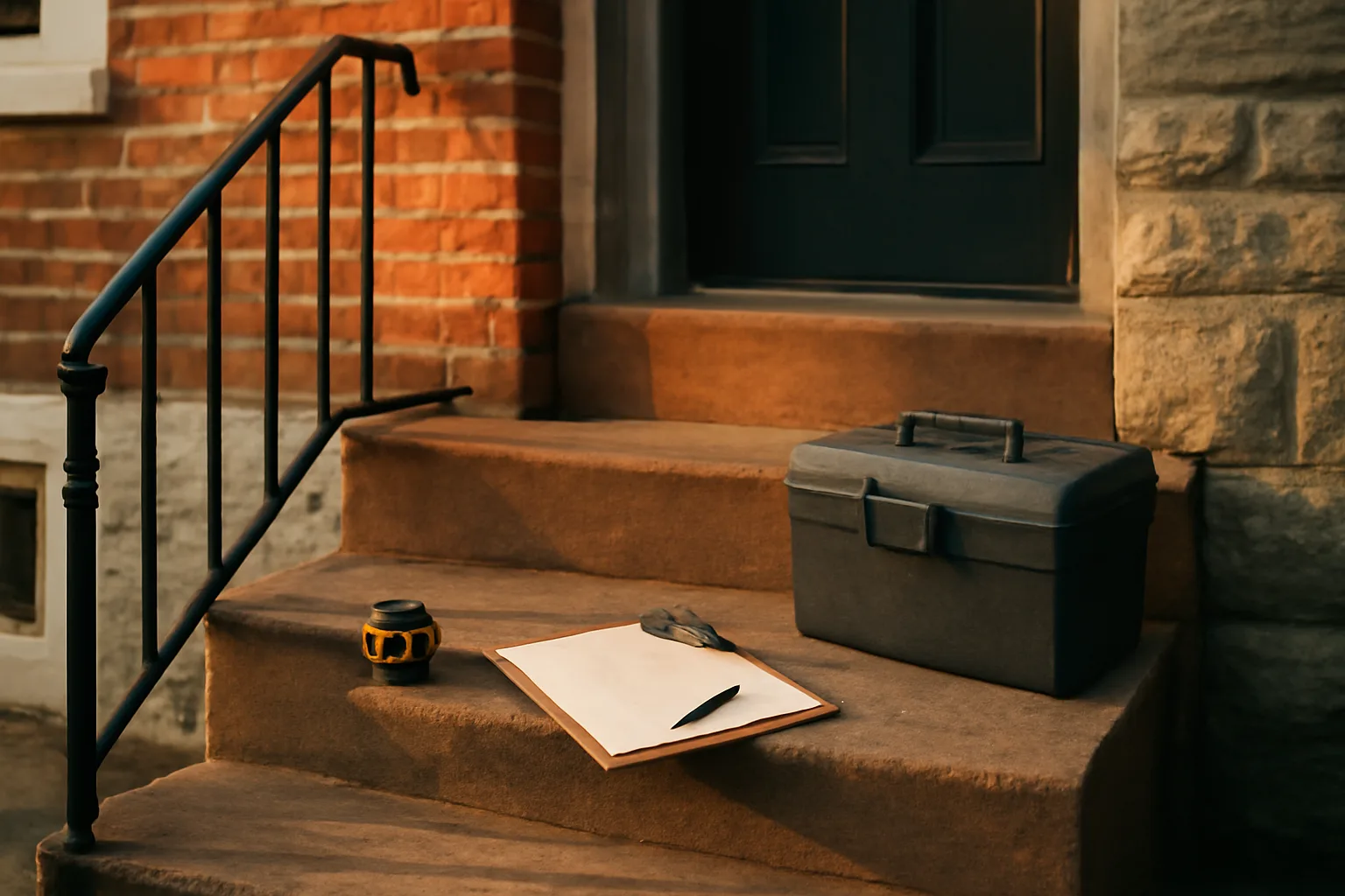 Baltimore rowhome stoop with inspection tools before a rental property review