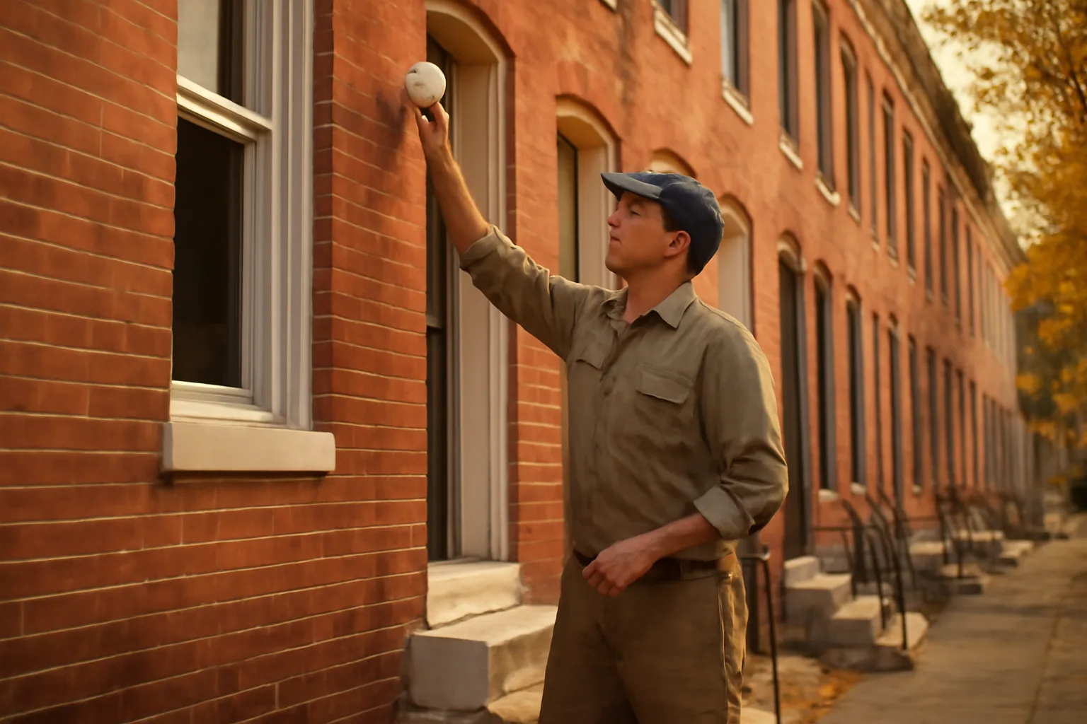 Landlord inspecting a smoke detector inside a Baltimore rowhouse rental unit