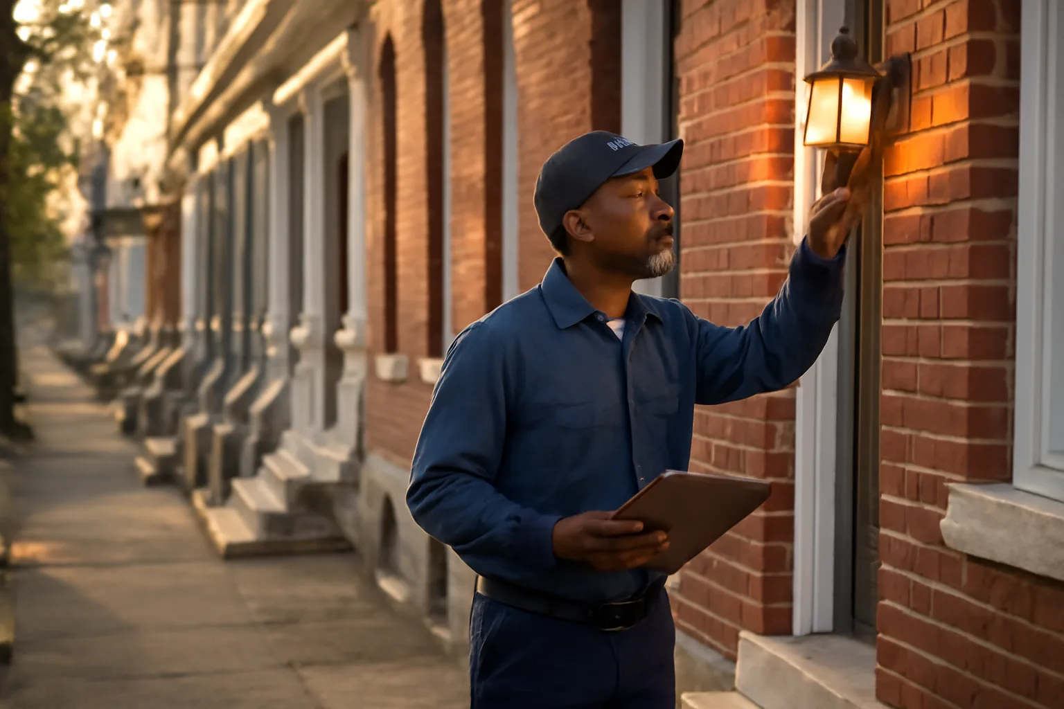 Landlord inspecting a Baltimore rowhouse exterior during rental registration compliance check