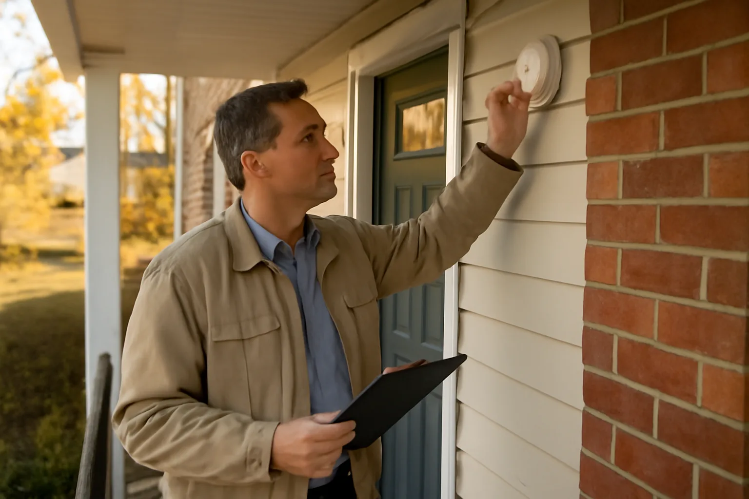 Housing inspector checking a smoke detector on a Baltimore County rowhouse porch