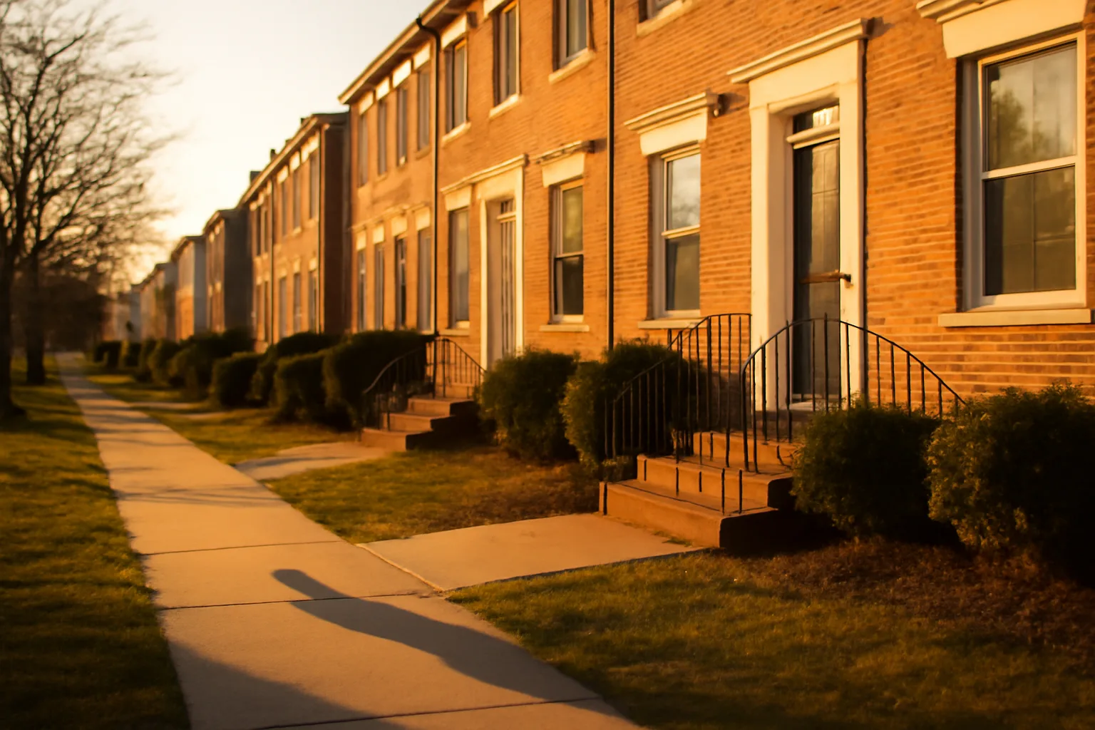 Suburban Baltimore County rowhouses at dusk representing a rental license address search