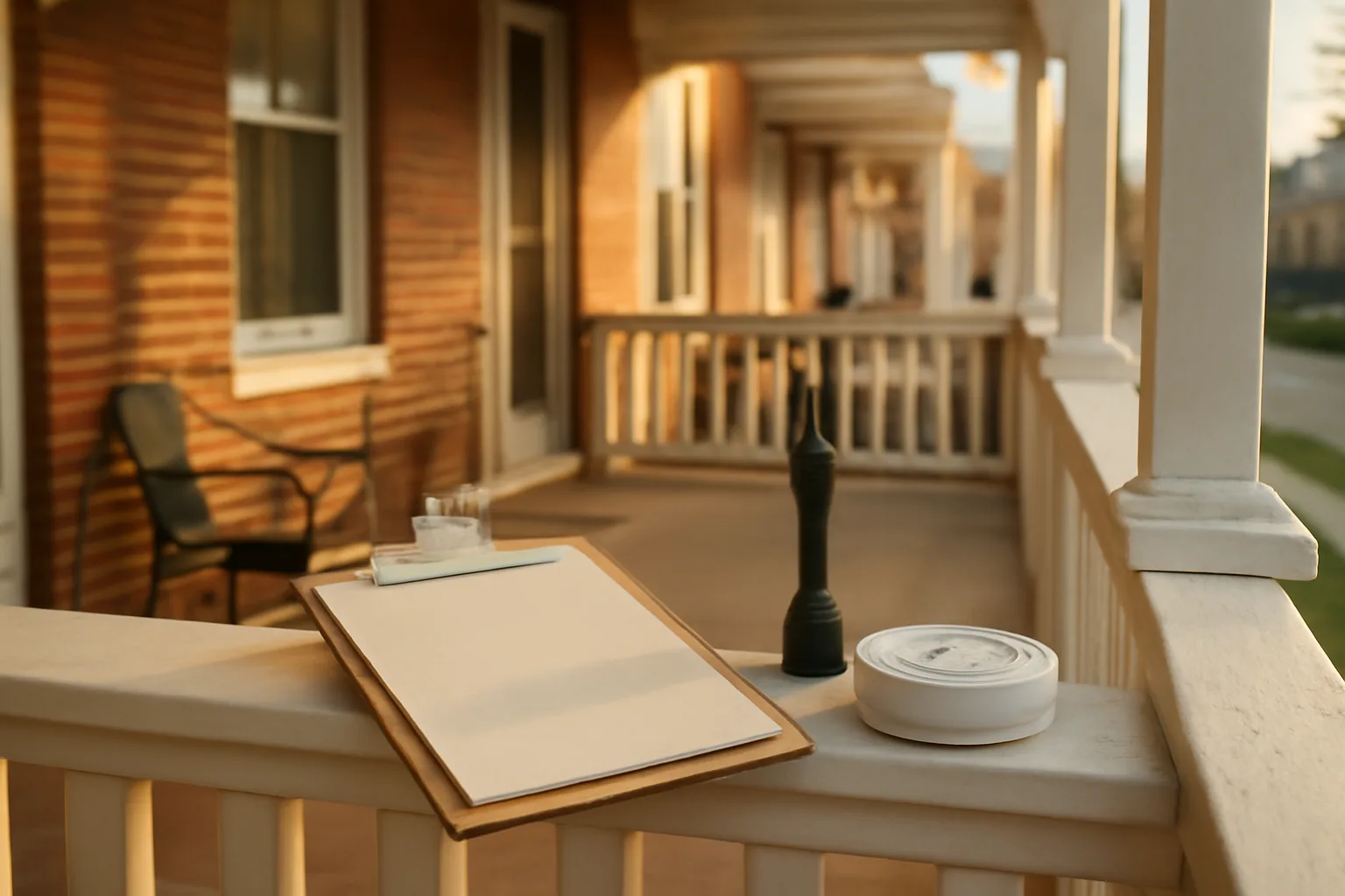 Porch of a Baltimore County rental rowhouse with inspection tools laid out