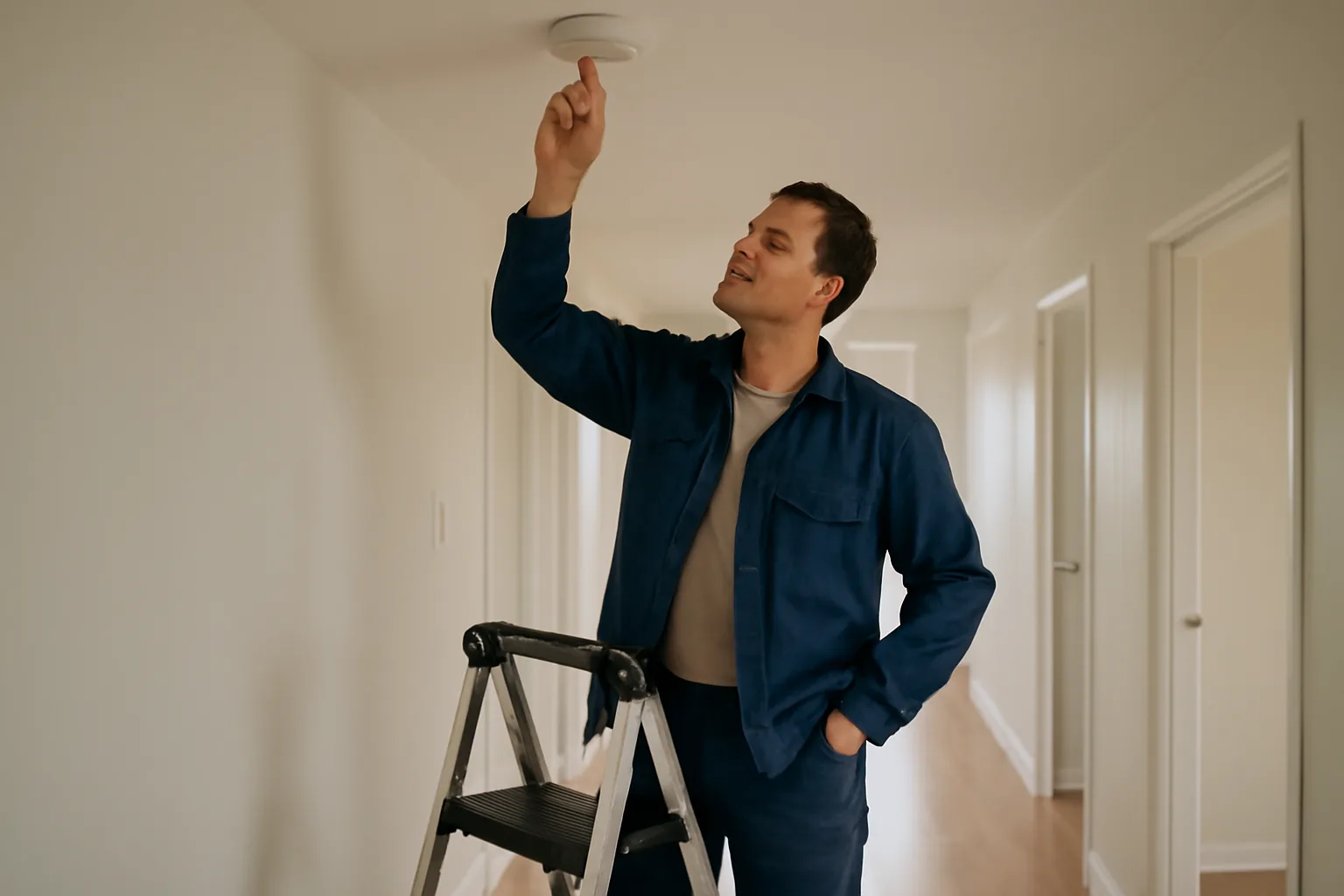Landlord checking a smoke detector during a rental unit inspection walk-through