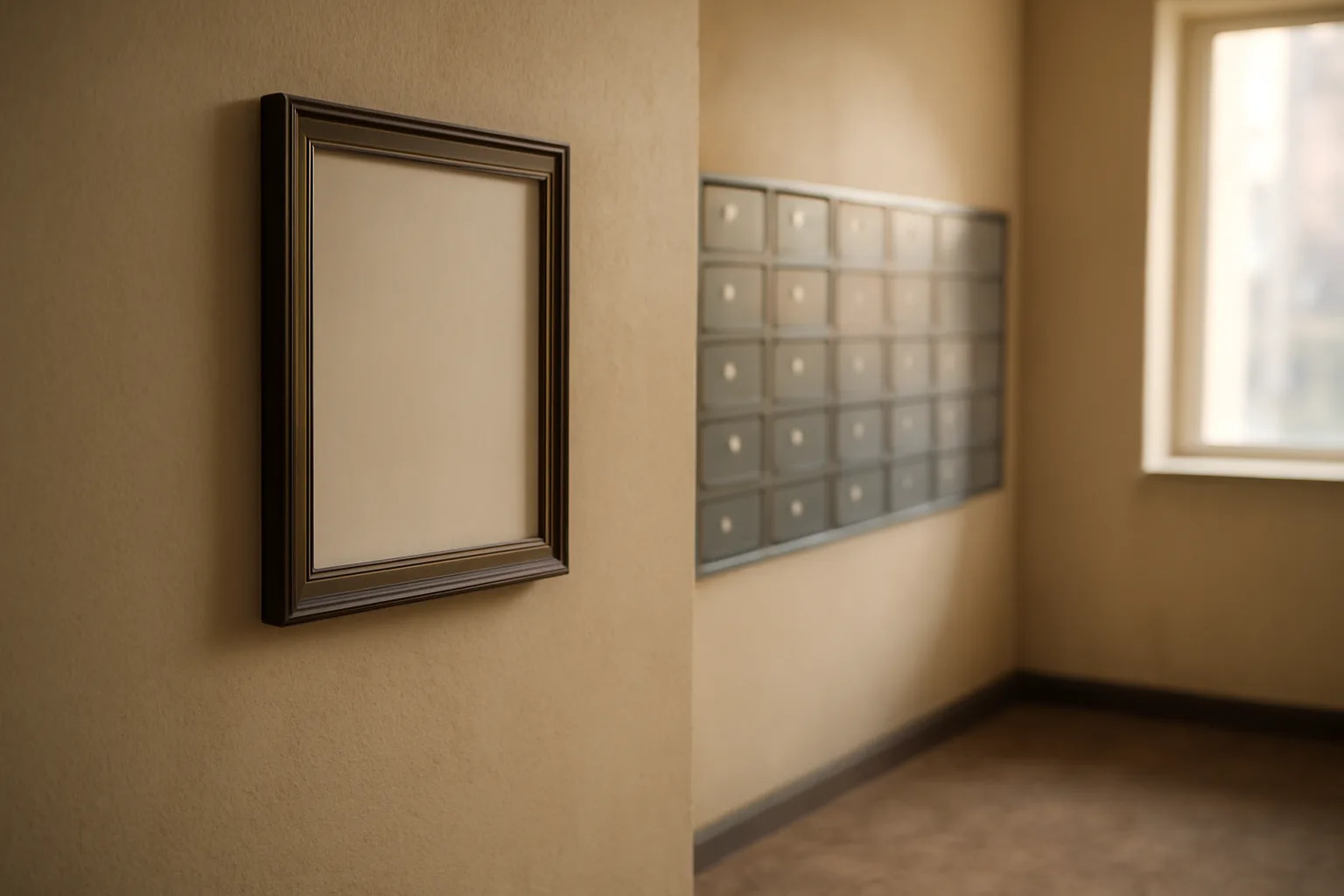 Framed rental certificate posted on an apartment hallway wall near mailboxes