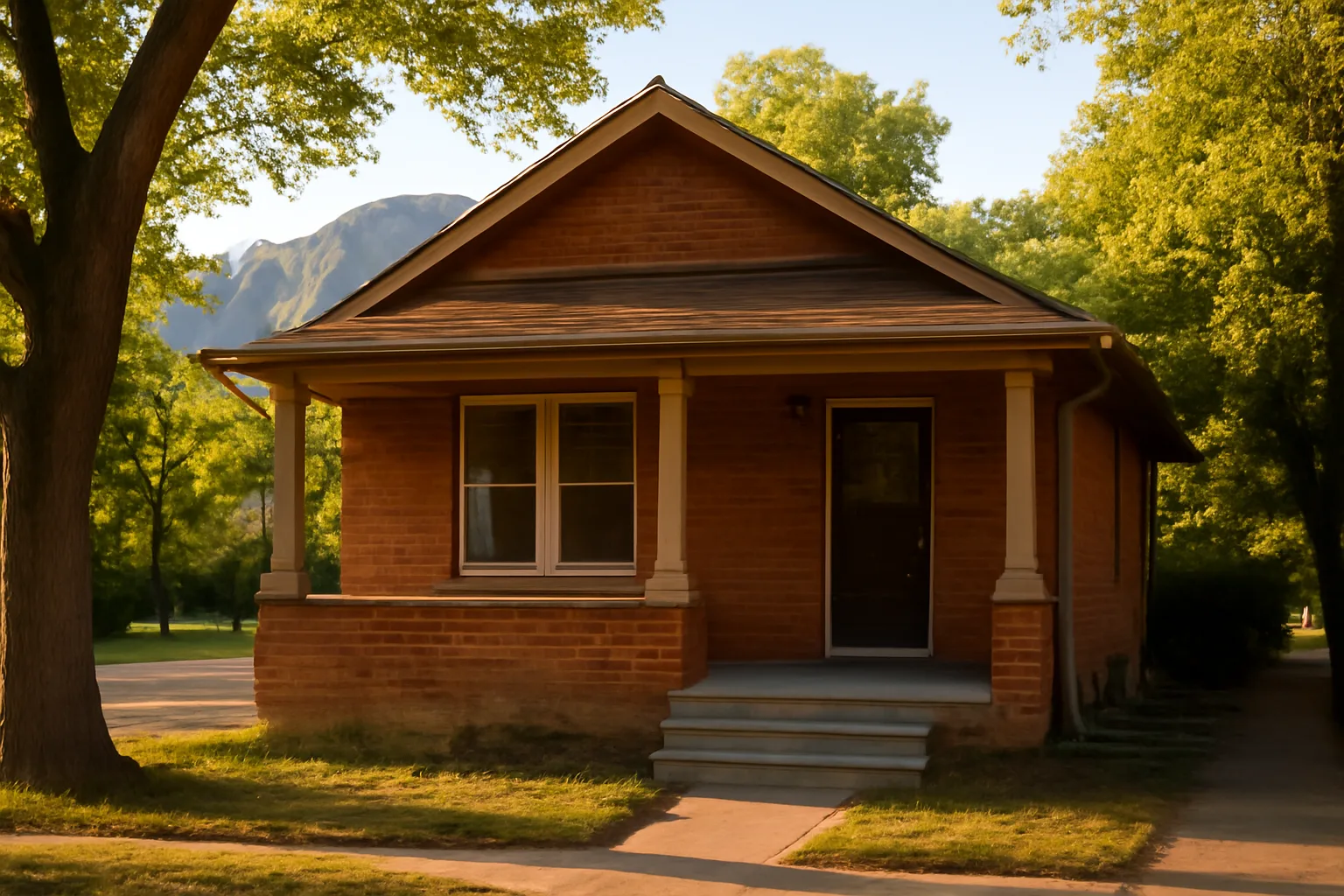 Brick bungalow rental home on a Boulder Colorado street with mountains behind
