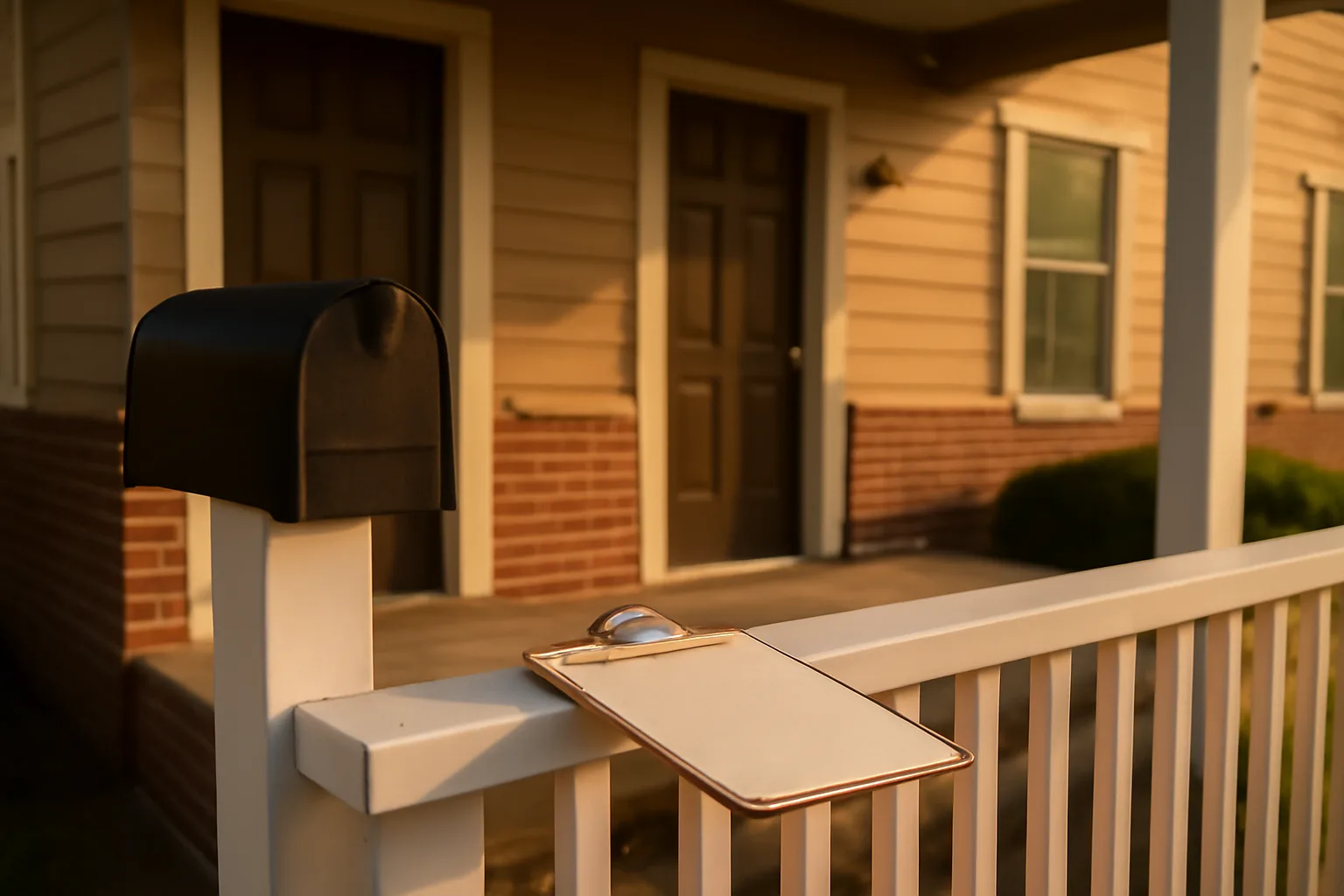 Duplex rental porch at golden hour representing landlord licensing and inspection requirements
