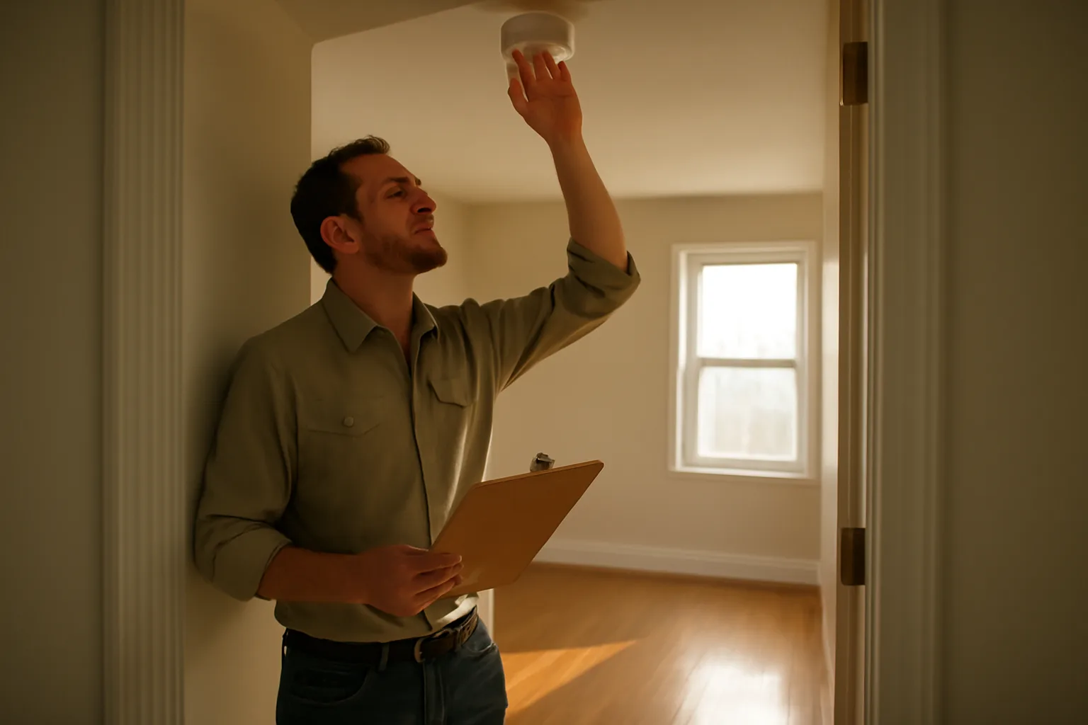 Landlord checking a smoke detector during a rental unit inspection walkthrough