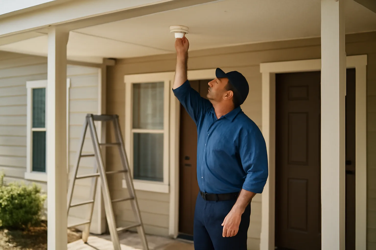 landlord checking a smoke detector during a rental property inspection walk-through