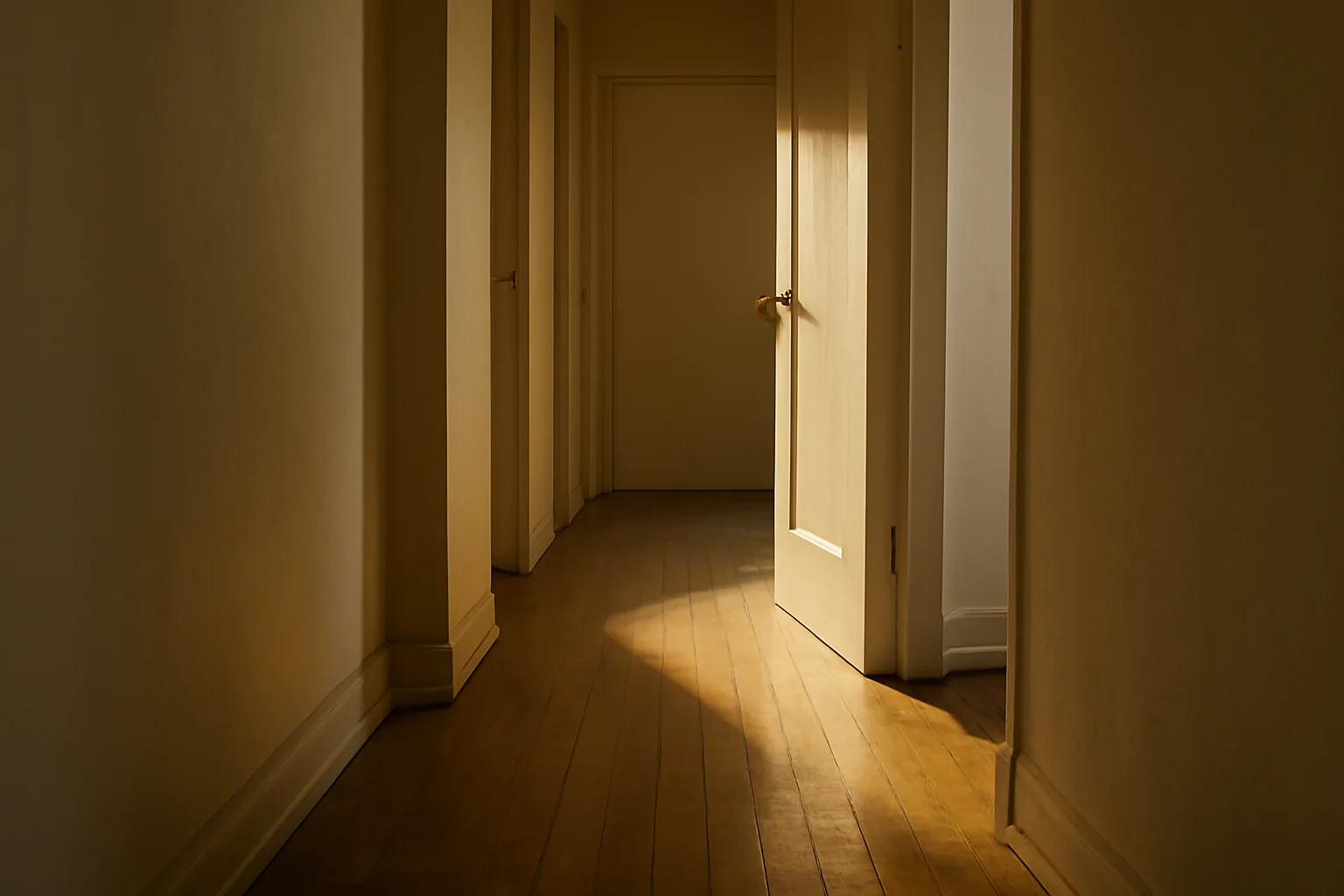 Sunlit apartment hallway with a partly open door, illustrating landlord entry notice rules