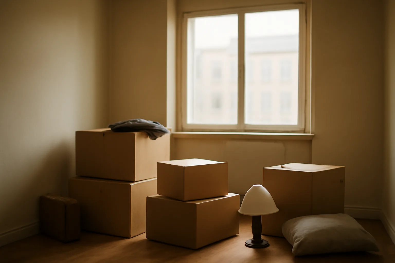 empty apartment room with boxes left behind after a tenant moved out