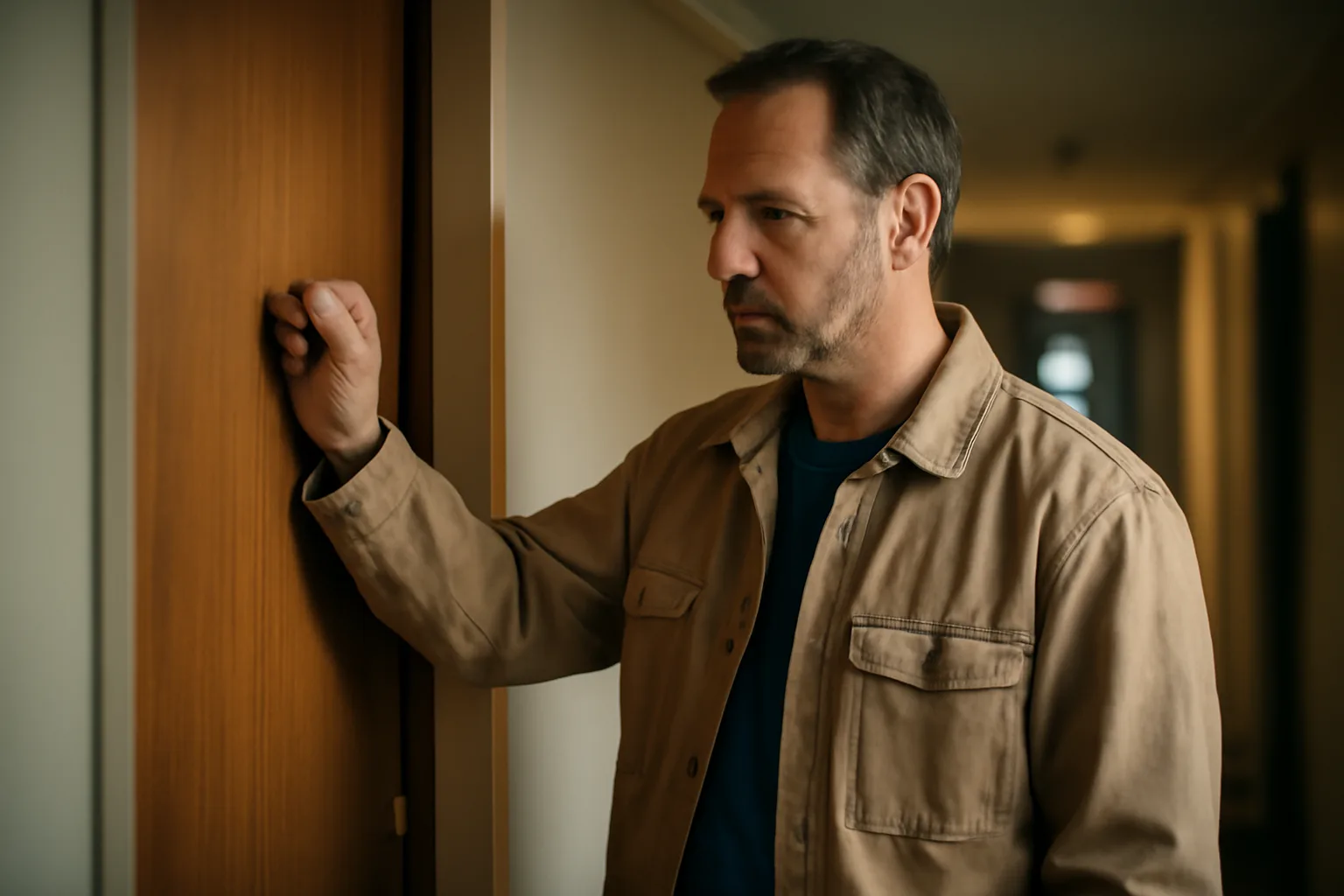 Landlord knocking on a tenant's door in an apartment hallway during daytime