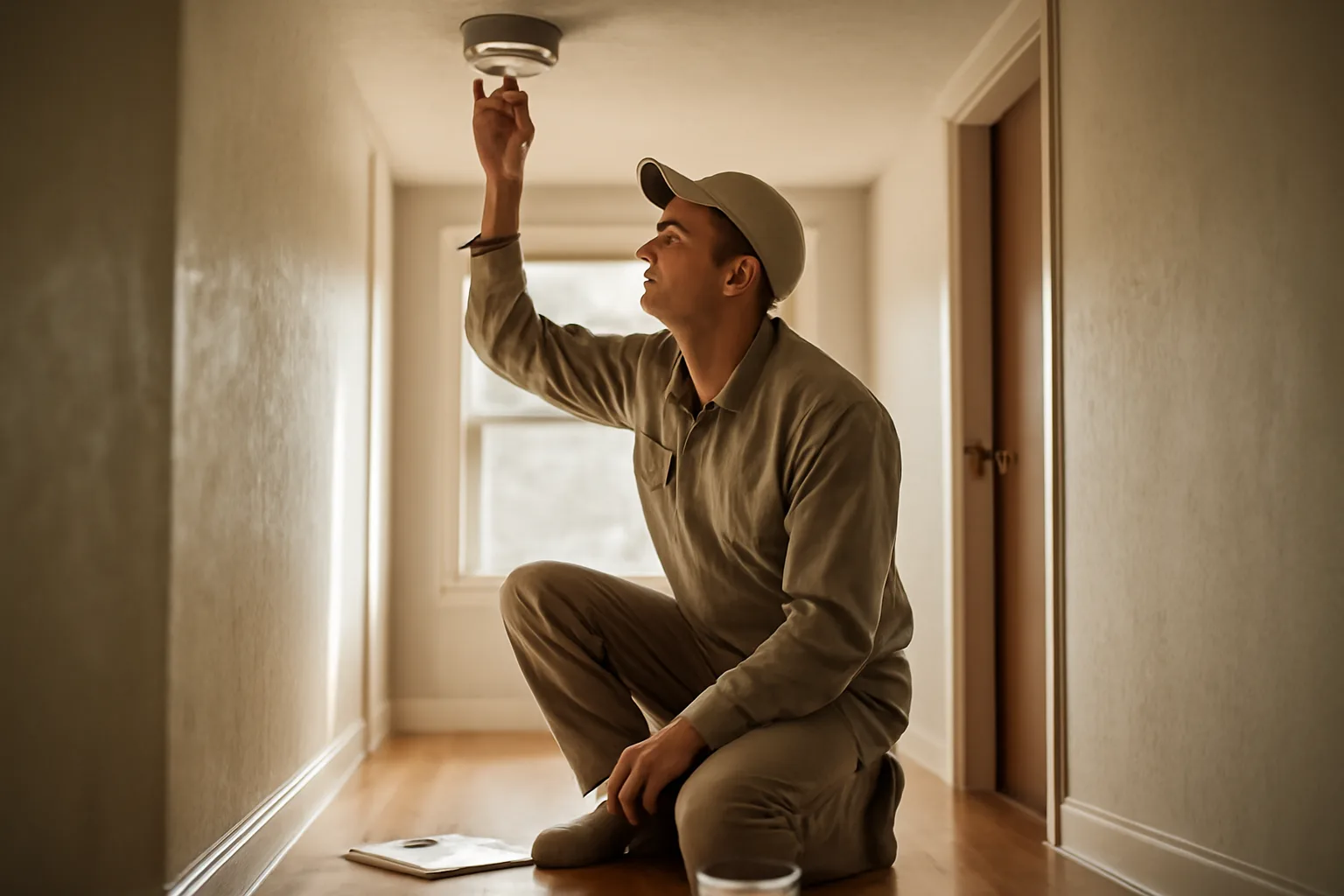 Landlord inspecting a smoke detector during a rental unit walkthrough