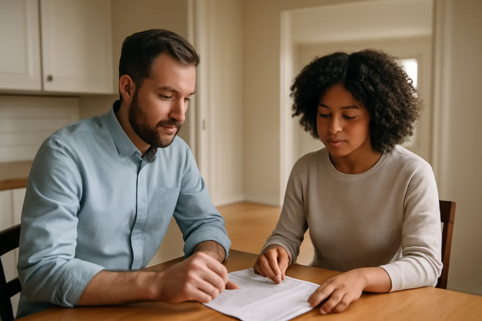 Landlord and tenant reviewing lease paperwork at a table, no drug test involved