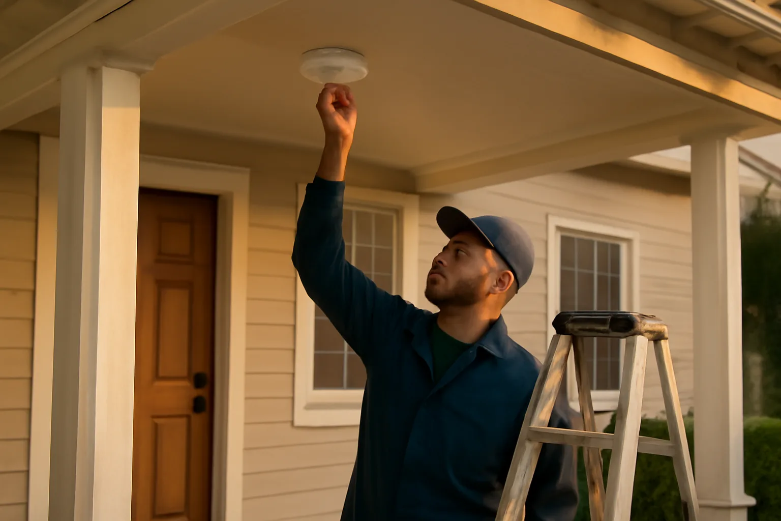 landlord checking a smoke detector during a rental property inspection walk-through