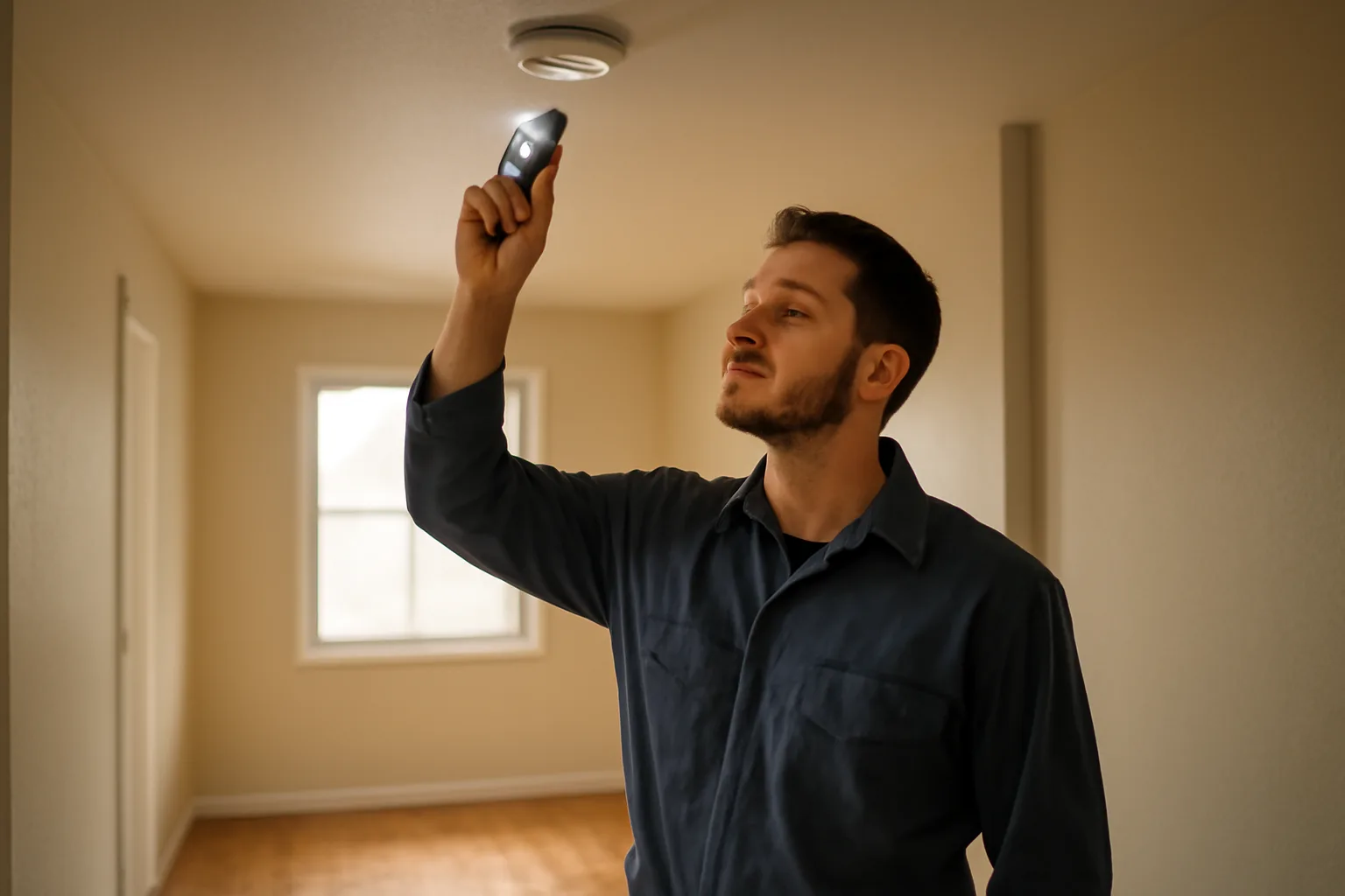 Landlord inspecting a smoke detector in an empty rental unit hallway