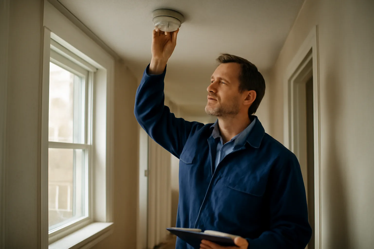 City code inspector checking a smoke alarm during a rental unit inspection