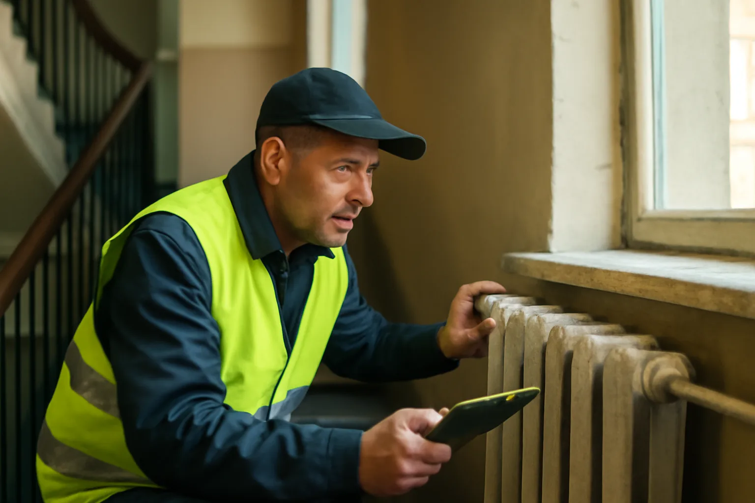 Housing inspector checking a radiator during a city of Boston housing inspection