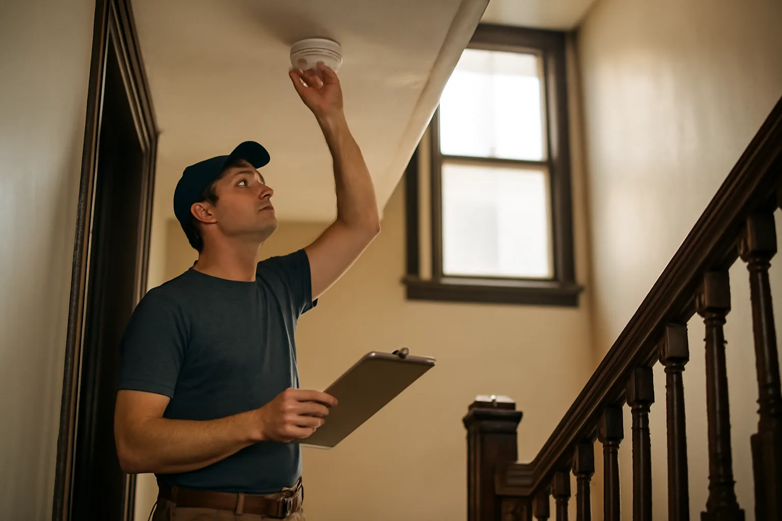 Inspector checking a smoke detector in a Boston triple-decker rental hallway
