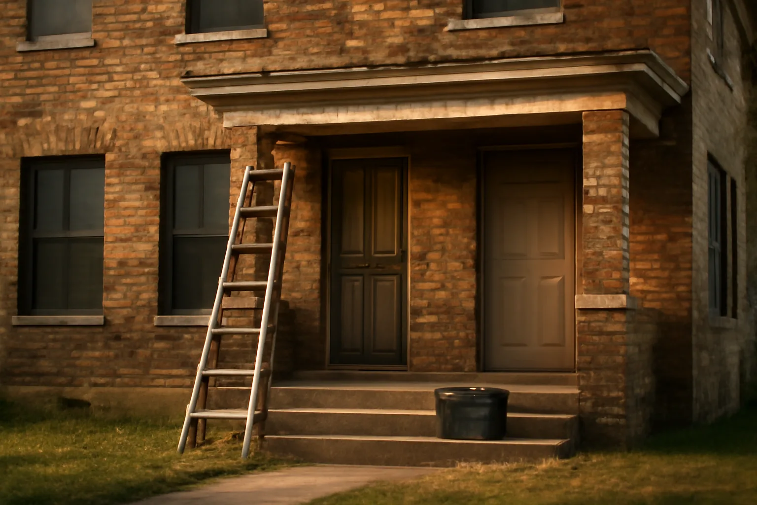 Brick Dallas rental duplex exterior with toolbox on porch steps at dawn