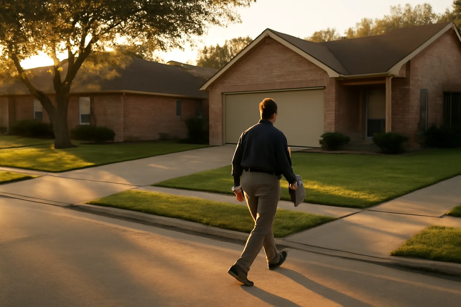 Landlord walking up a suburban driveway at dusk near Forney, Texas rental homes