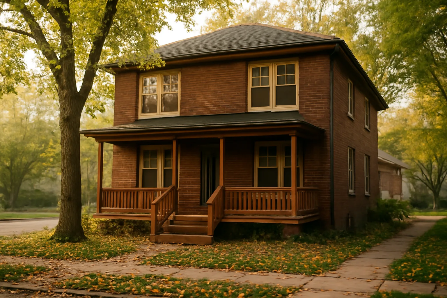 Brick duplex rental home on a quiet Fort Collins residential street in morning light