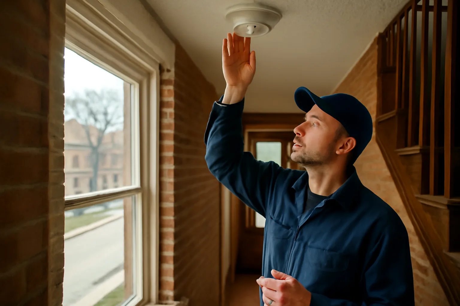 Inspector checking a smoke alarm during a city rental unit inspection