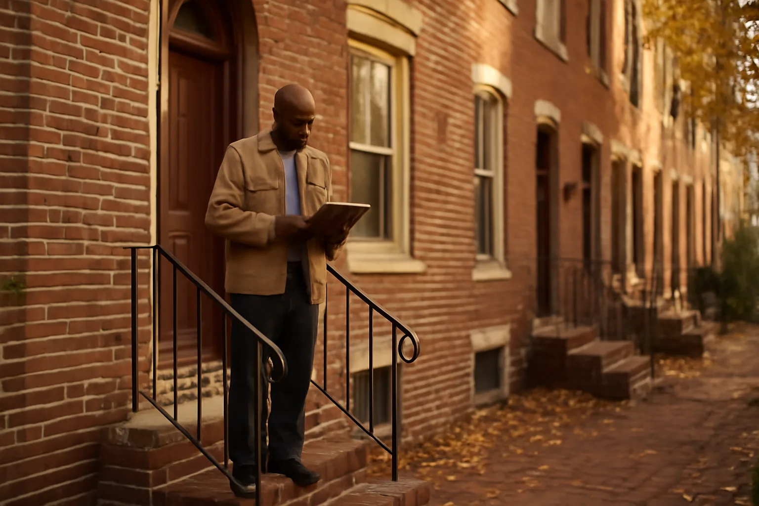 Landlord standing on Philadelphia rowhome steps reviewing rental license renewal paperwork